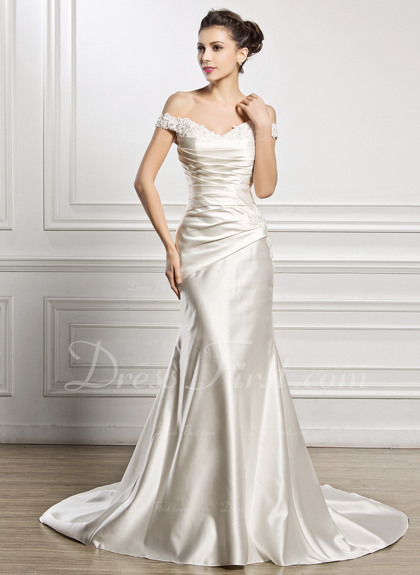Trumpet/Mermaid OfftheShoulder Court Train Satin Wedding Dress With Ruffle Lace Beading