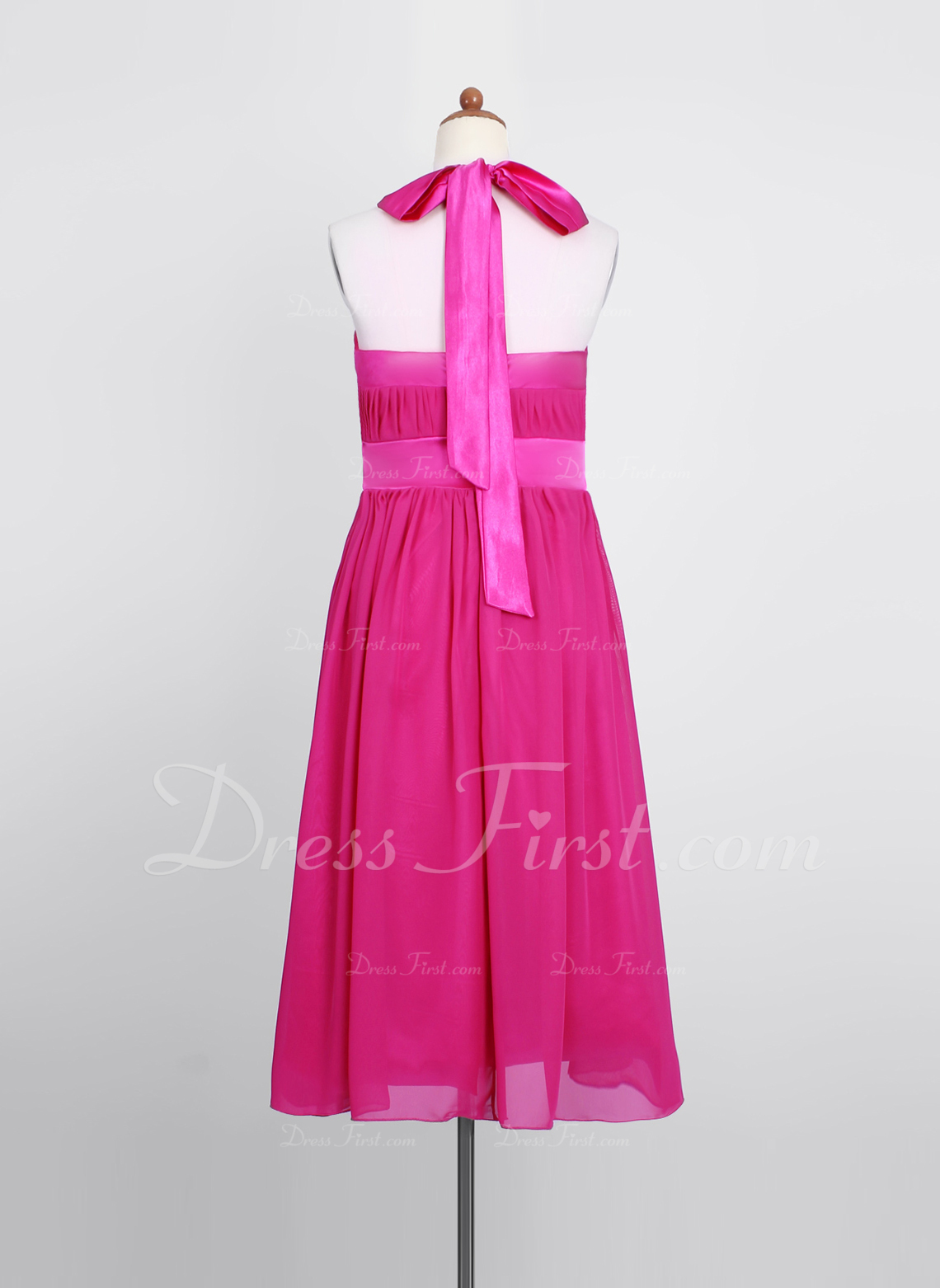 Empire Halter TeaLength Chiffon Junior Bridesmaid Dress With Ruffle