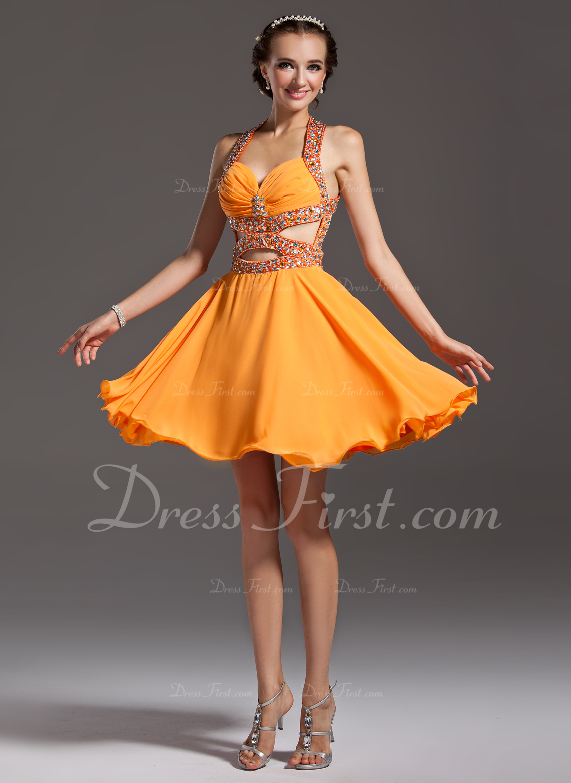 ALine/Princess Halter KneeLength Chiffon Dress With Ruffle Beading (022007283