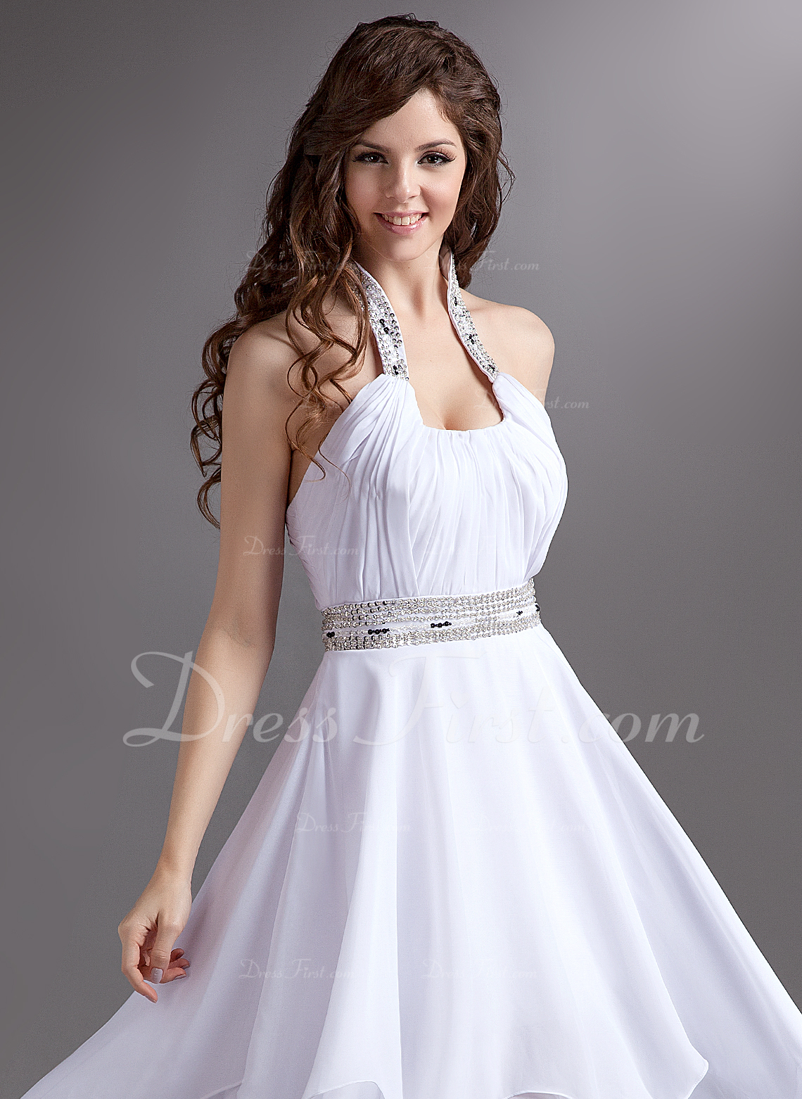 ALine/Princess Halter TeaLength Chiffon Dress With Ruffle