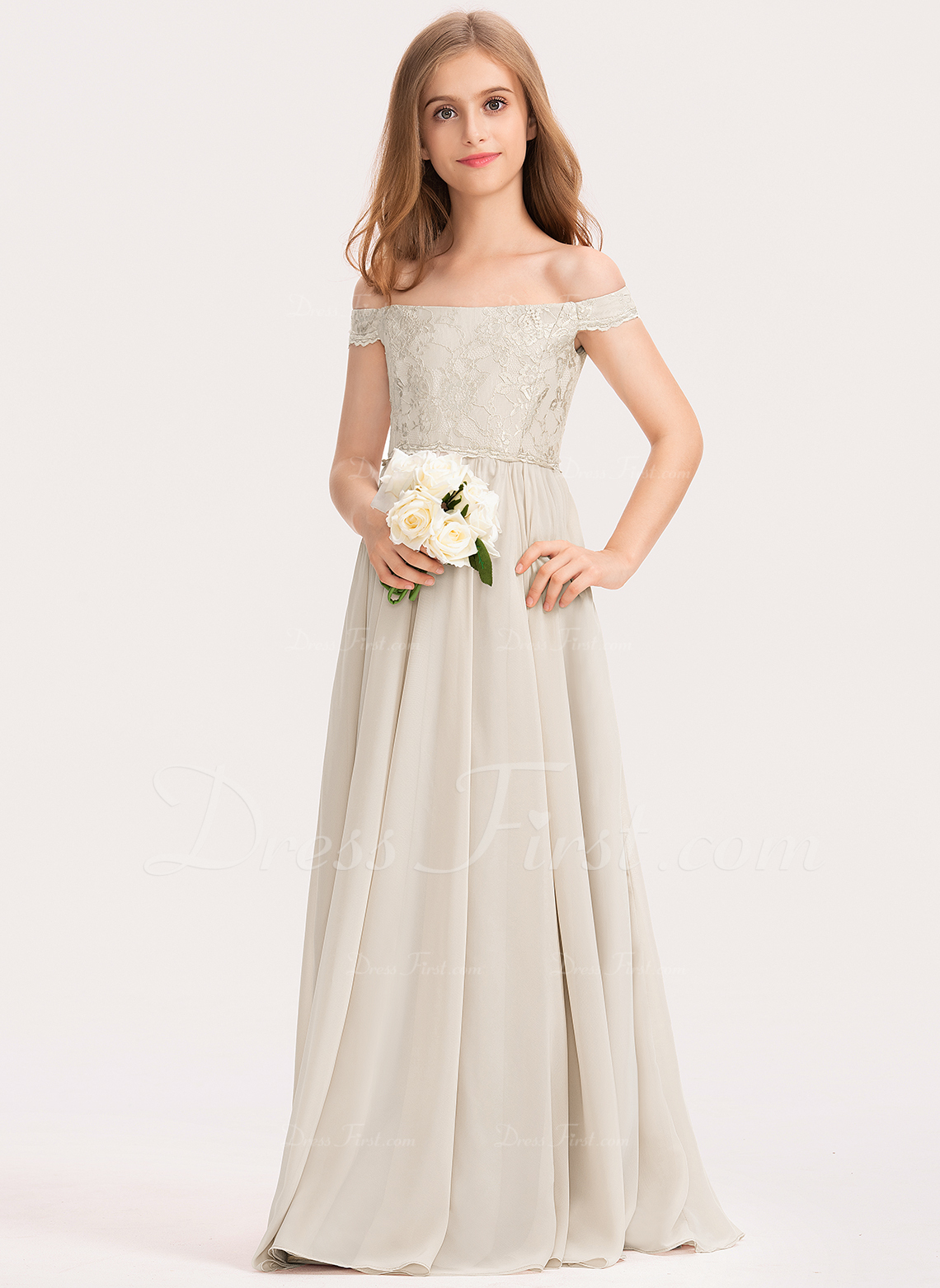 ALine OfftheShoulder FloorLength Chiffon Lace Junior Bridesmaid