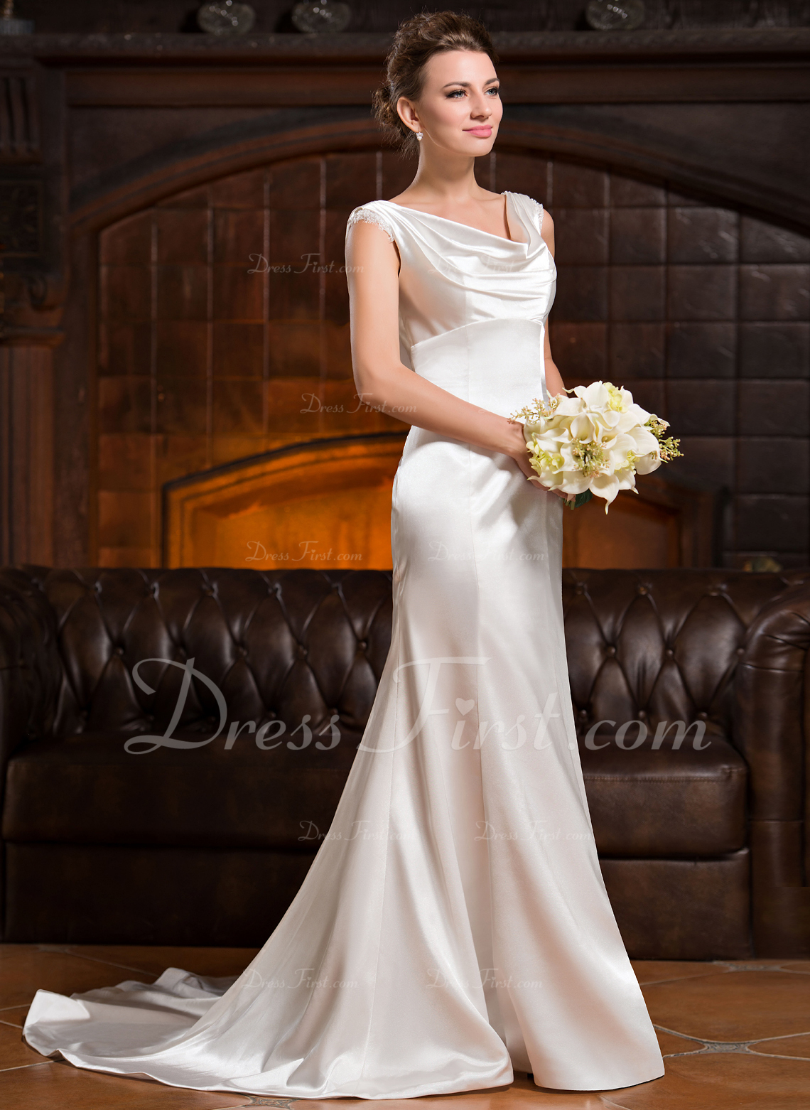 Trumpet/Mermaid Cowl Neck Court Train Charmeuse Wedding Dress With Ruffle Lace Beading Sequins 