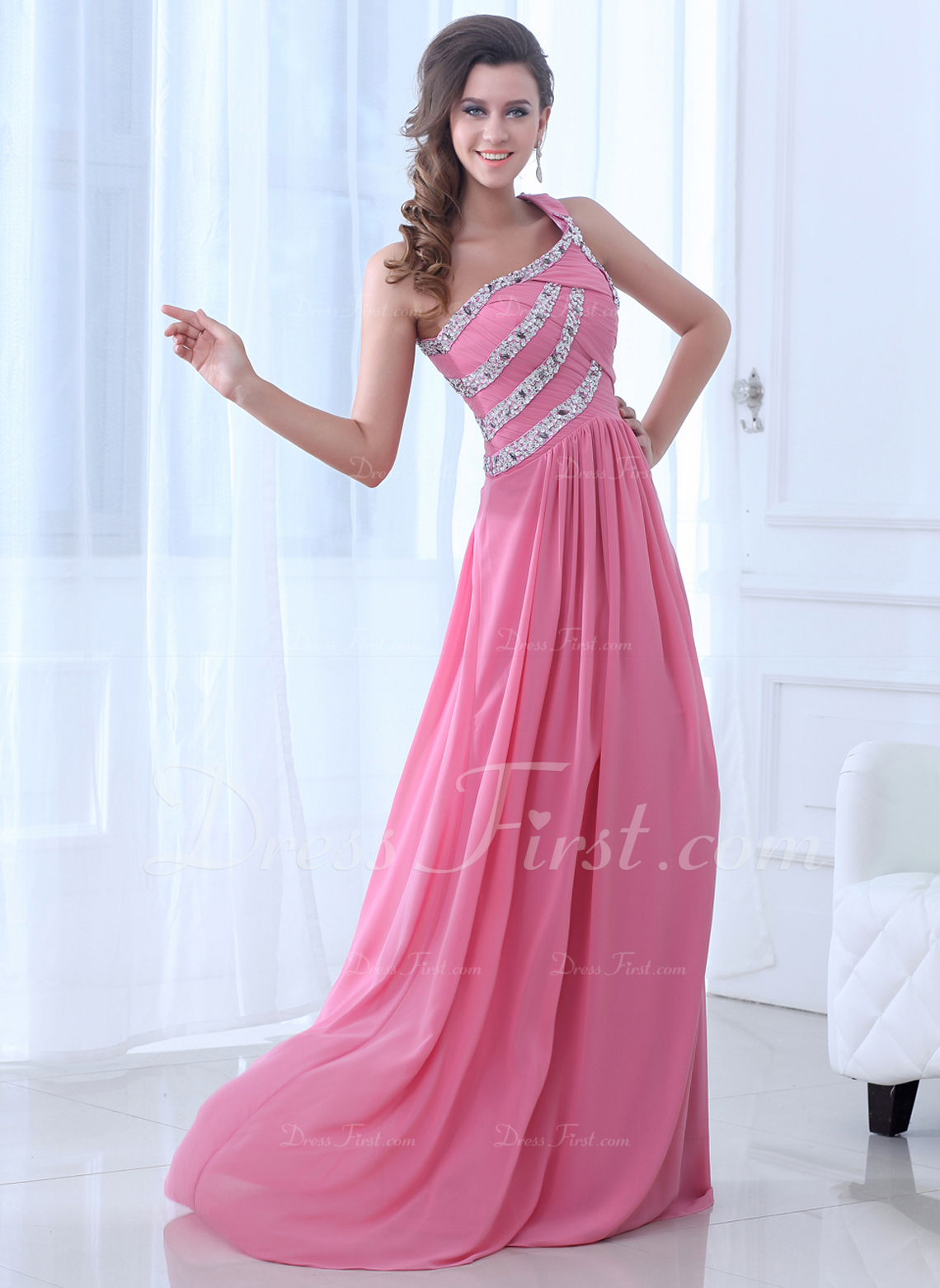 A Line/Princess One-Shoulder Floor Length Beaded Evening Dresses with Flower