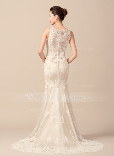 Trumpet/Mermaid V-neck Sweep Train Tulle Wedding Dresses main image 1