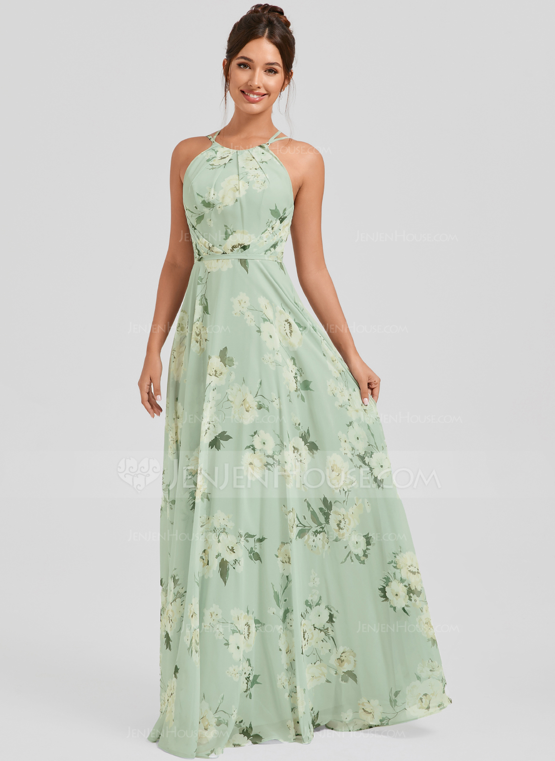 A-line Halter Floor-Length Chiffon Bridesmaid Dress 