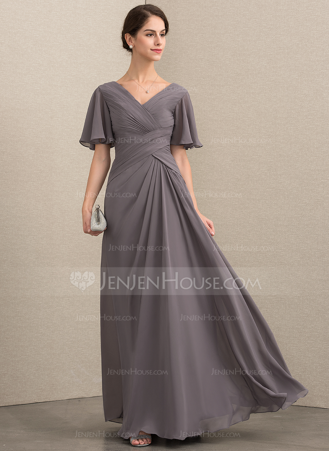 A-line kjole V-hals Gulvlengde Chiffon mesh Kjole til brudens mor med Plissert 