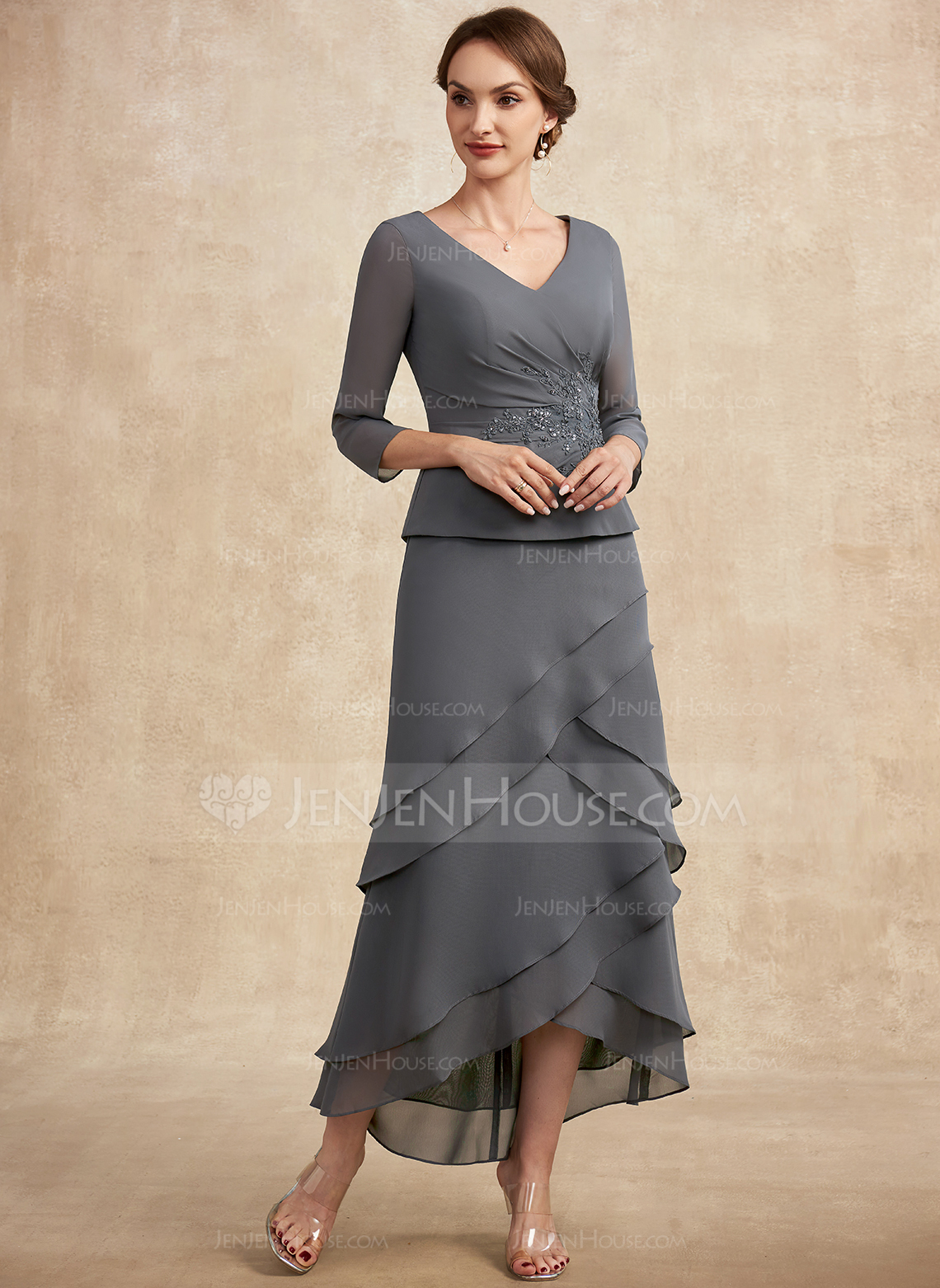 A-formet V-hals Asymmetrisk Chiffong Blonder Kjole til brudens mor med Frynse Profilering paljetter 