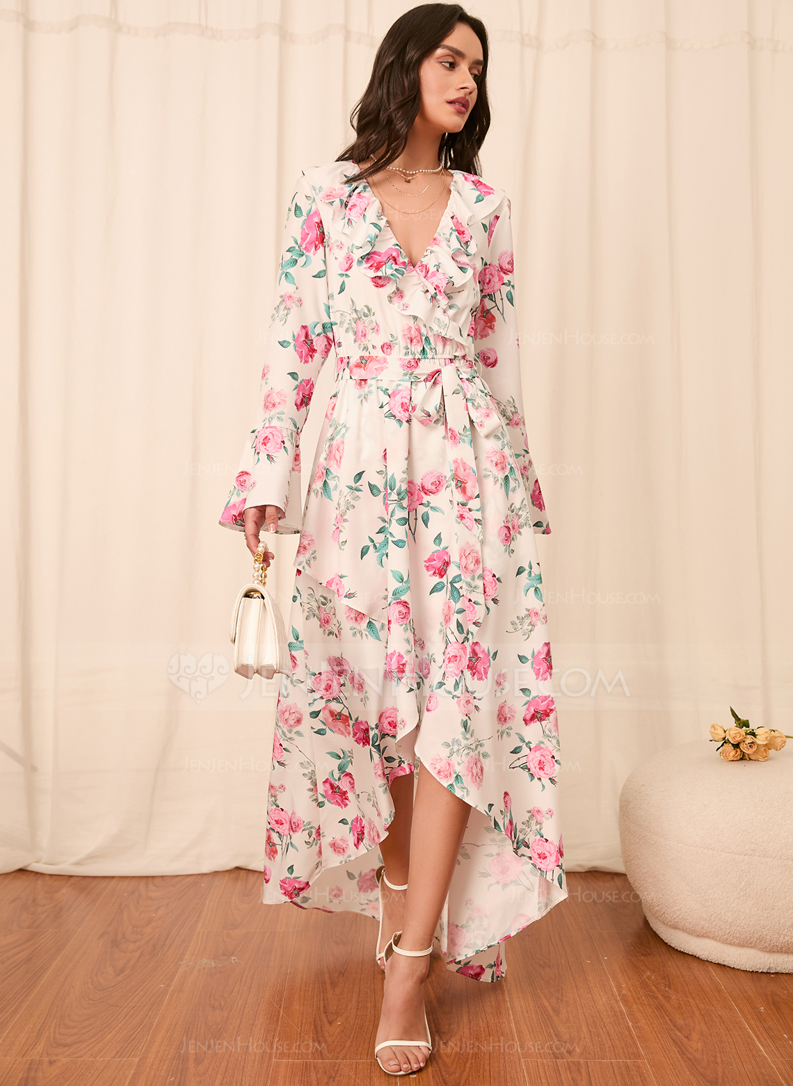 V-hals Lange ermer Elegant A-line kjole Polyester Maxi Motekjoler 