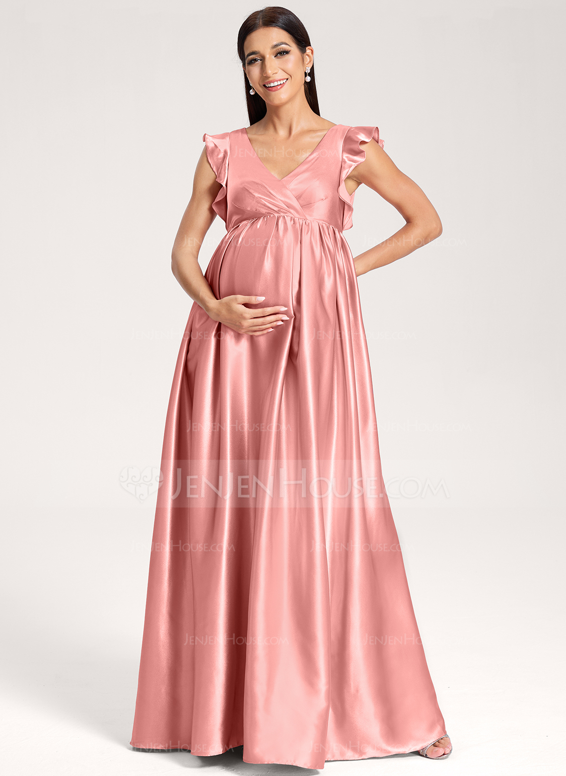 A-line V-Neck Floor-Length Stretch Satin Maternity Dresses With Ruffle 