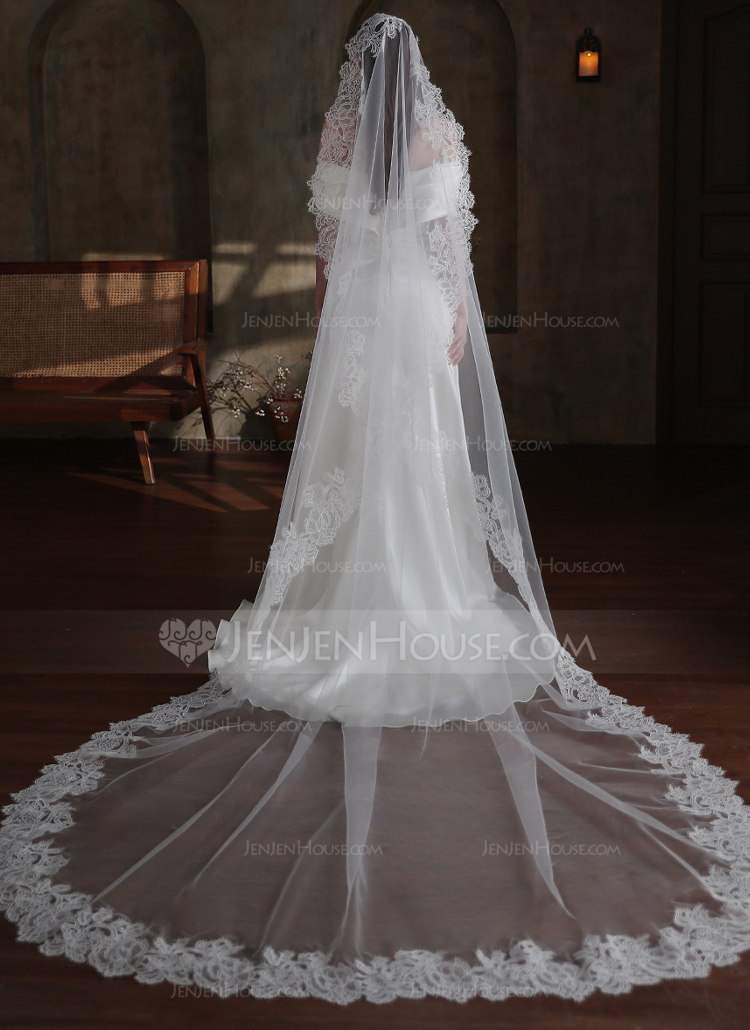 Lace Edge Single Tier Tulle Bridal Cathedral Length Wedding Veils 