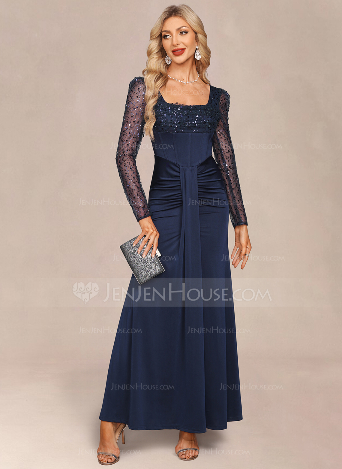 Square Long Sleeve Trumpet/Mermaid Tulle Sequin stretchy fabric Maxi Dress 