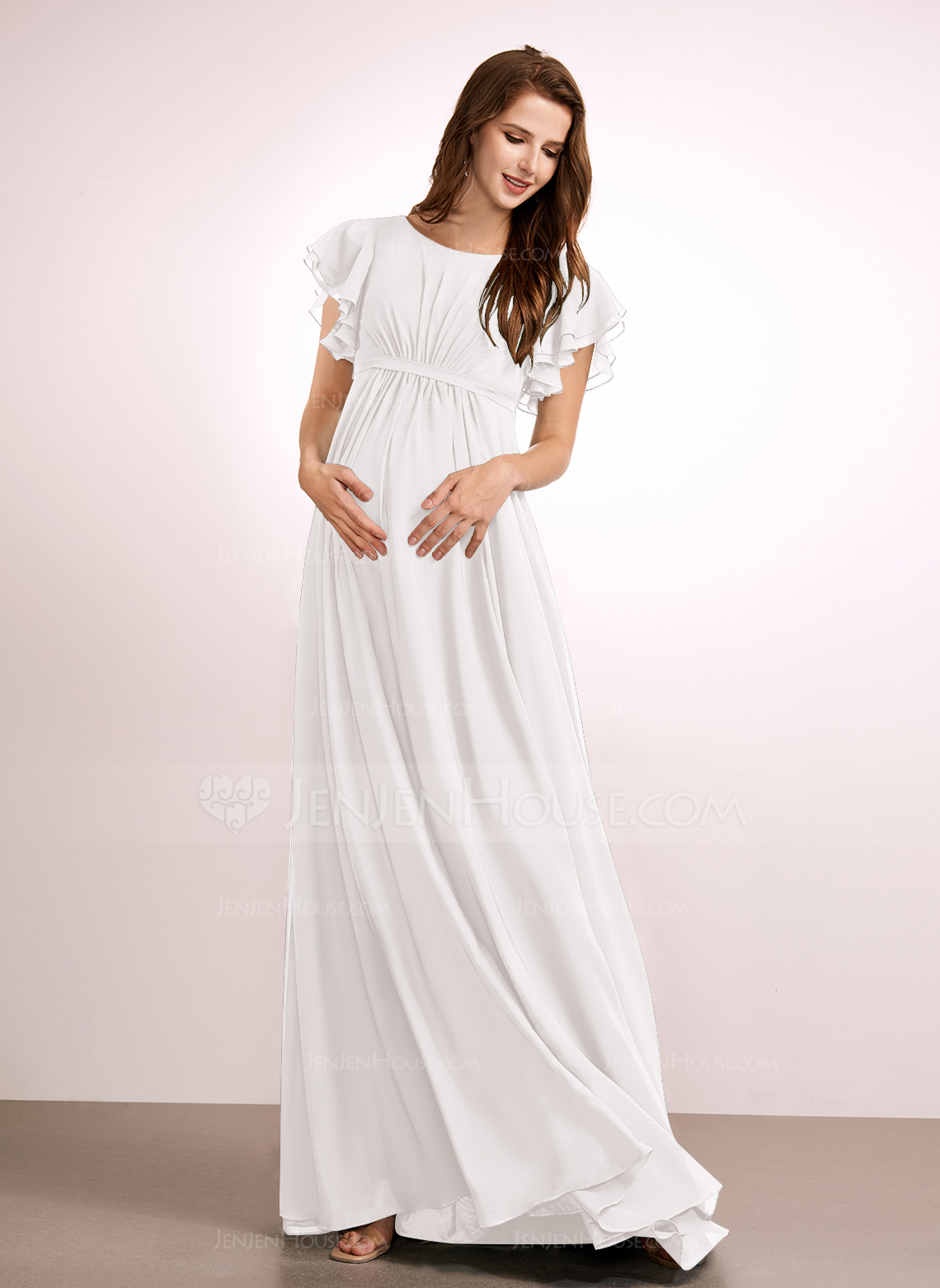 A-line Scoop Floor-Length Chiffon Maternity Dresses With Ruffle 