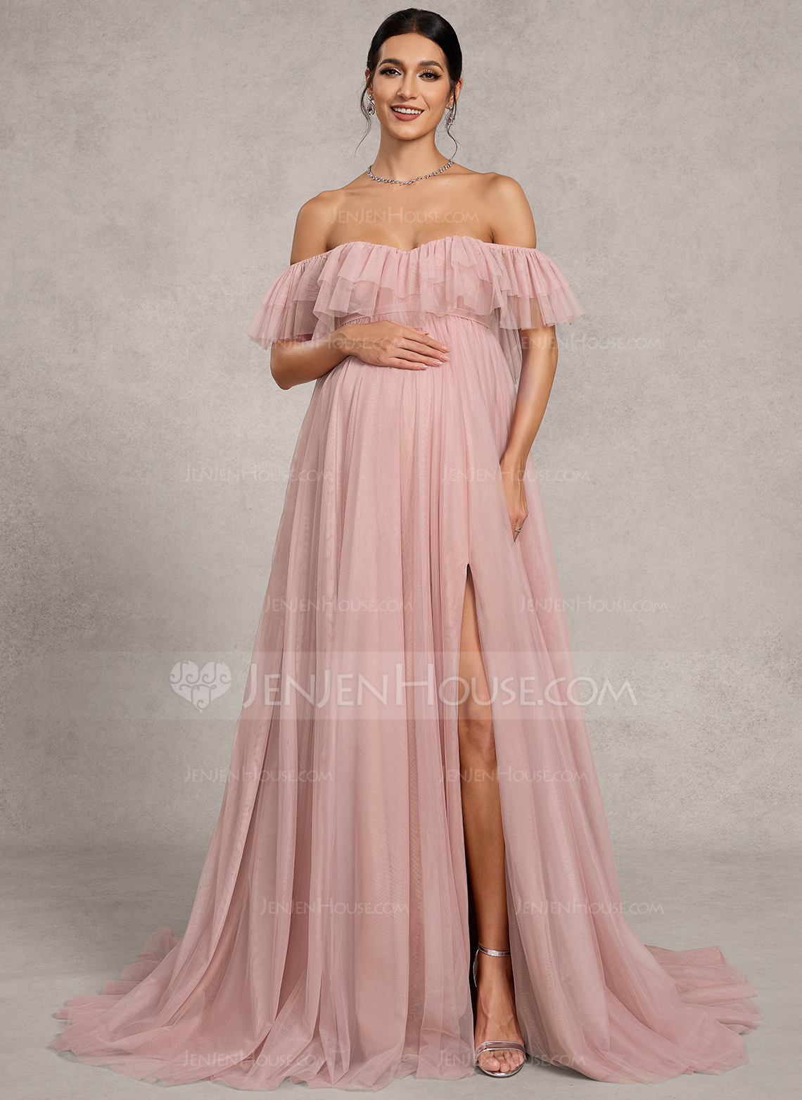 A-line Off the Shoulder Sweep Train Tulle Maternity Dresses With Ruffle 