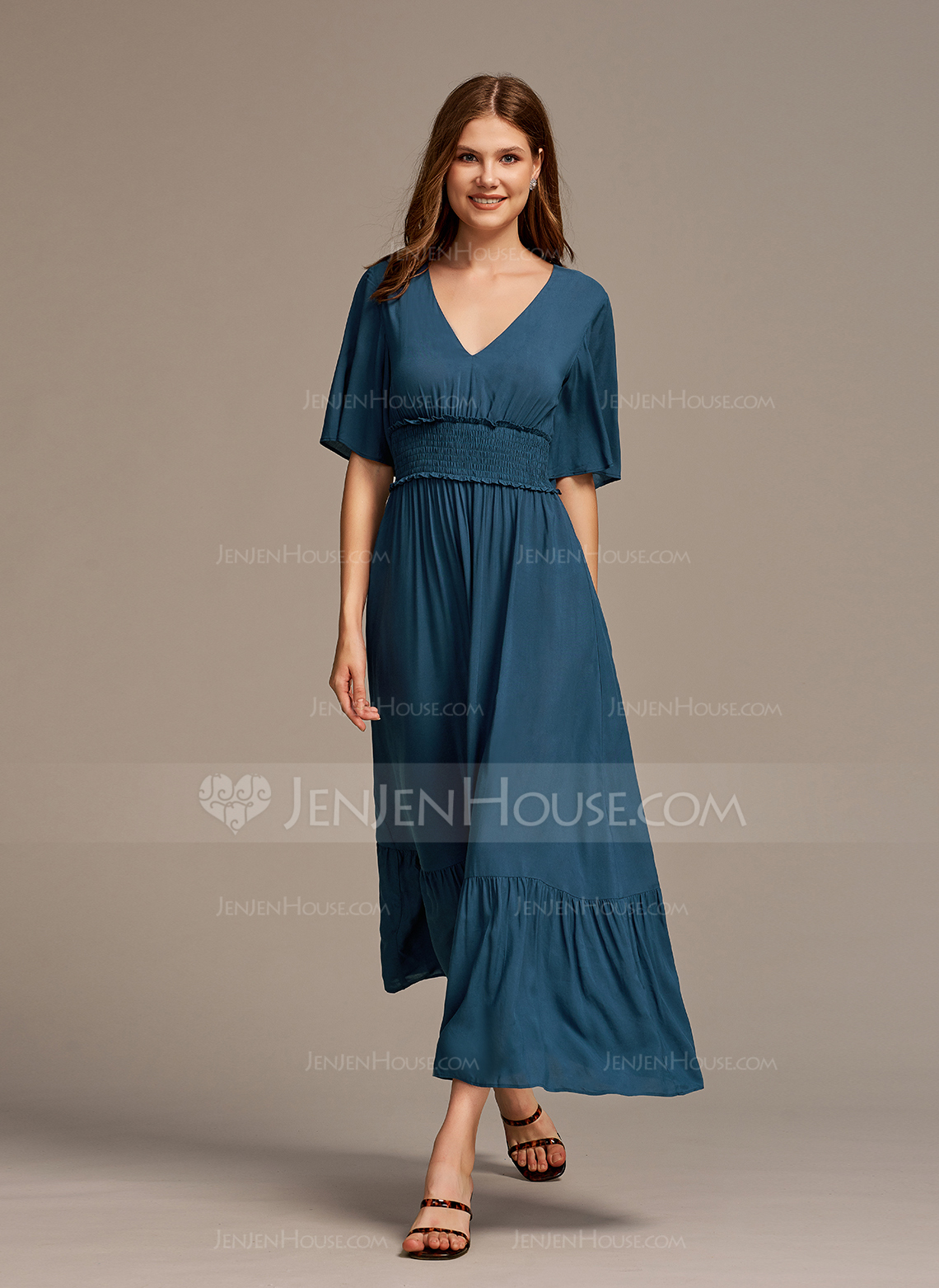 V-hals Kortermer A-line kjole Polyester Midi Motekjoler 