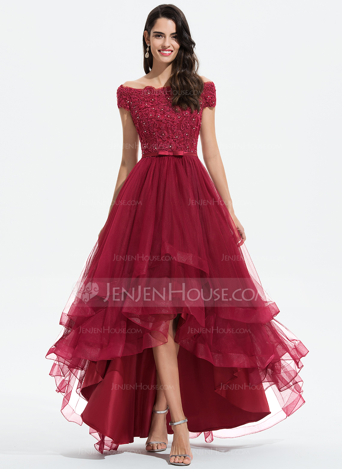 A-Linien-Kleid Carmen Vokuhila Tüll Spitze Abendkleid mit Schleife Pailletten Perlen 