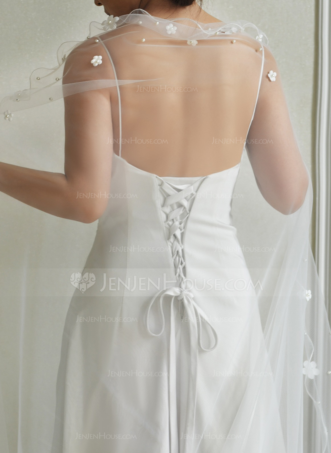 Pearl Floral Scalloped Edge Single Tier Bridal Cathedral Length 118" Wedding Veils 