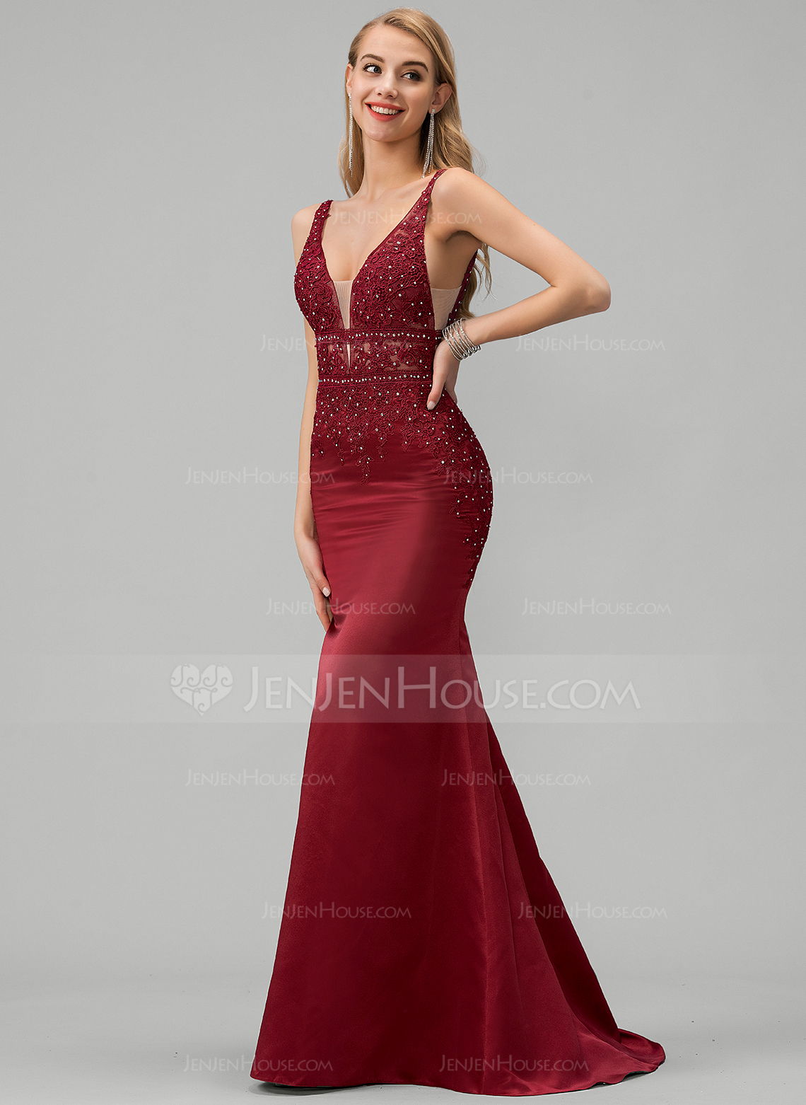 Meerjungfrau-Linie V-Ausschnitt Pinsel-Schleppe Satin Ballkleid mit Pailletten Perlen 