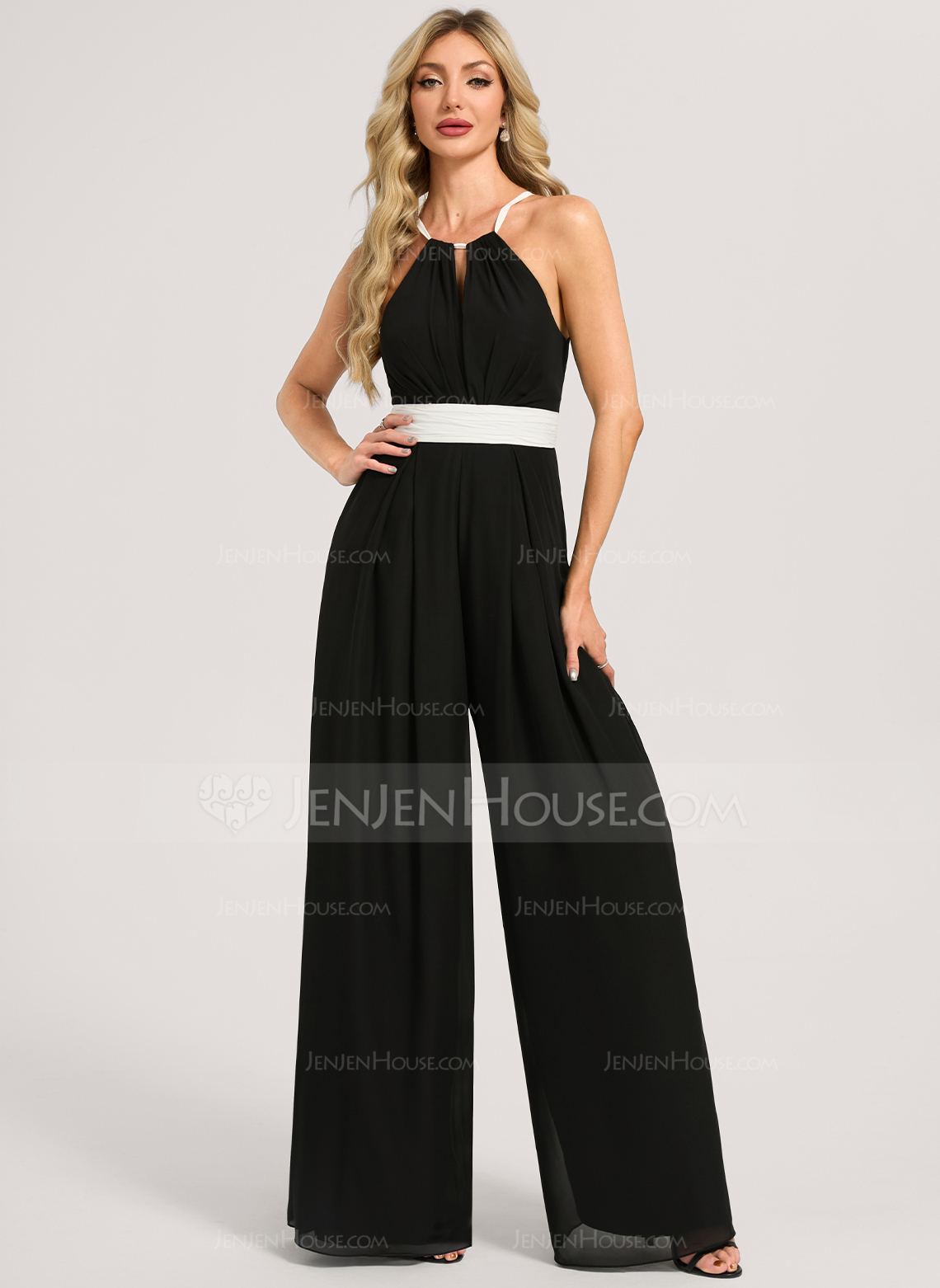 Jumpsuits Halter Floor-Length Chiffon Bridesmaid Dress With Black and White 