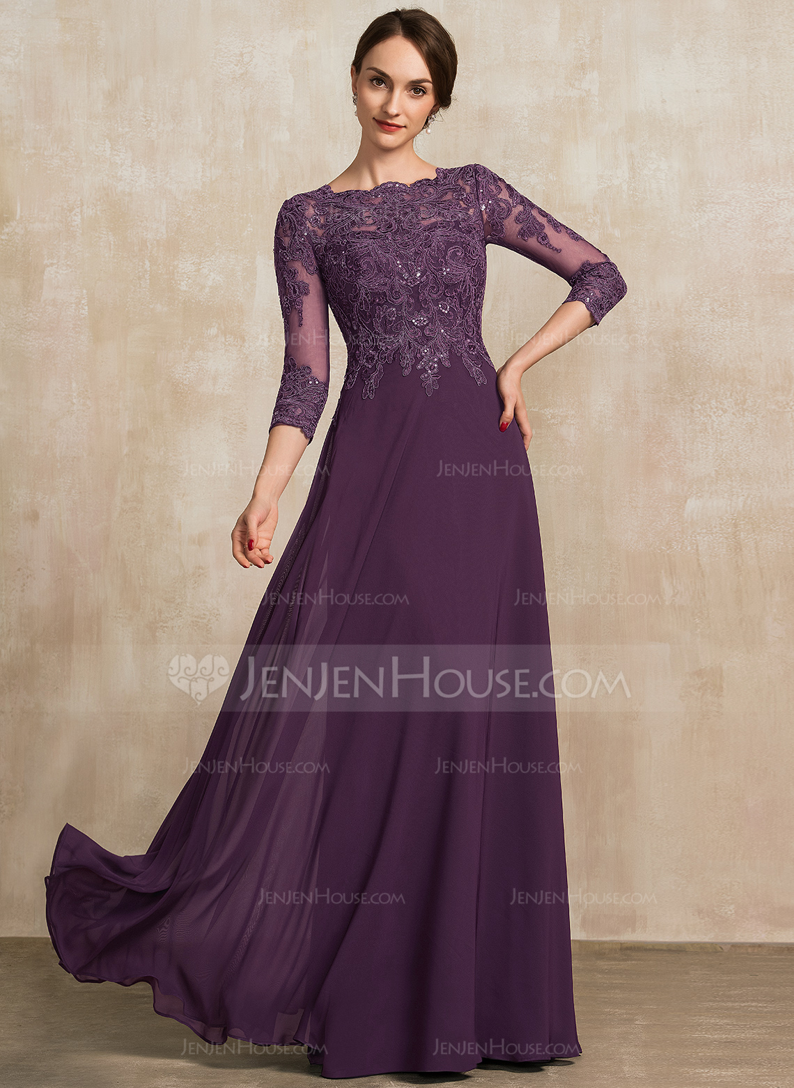 A-Linien-Kleid Rundhals Bodenlang Spitze Chiffon Abendkleid mit Pailletten 