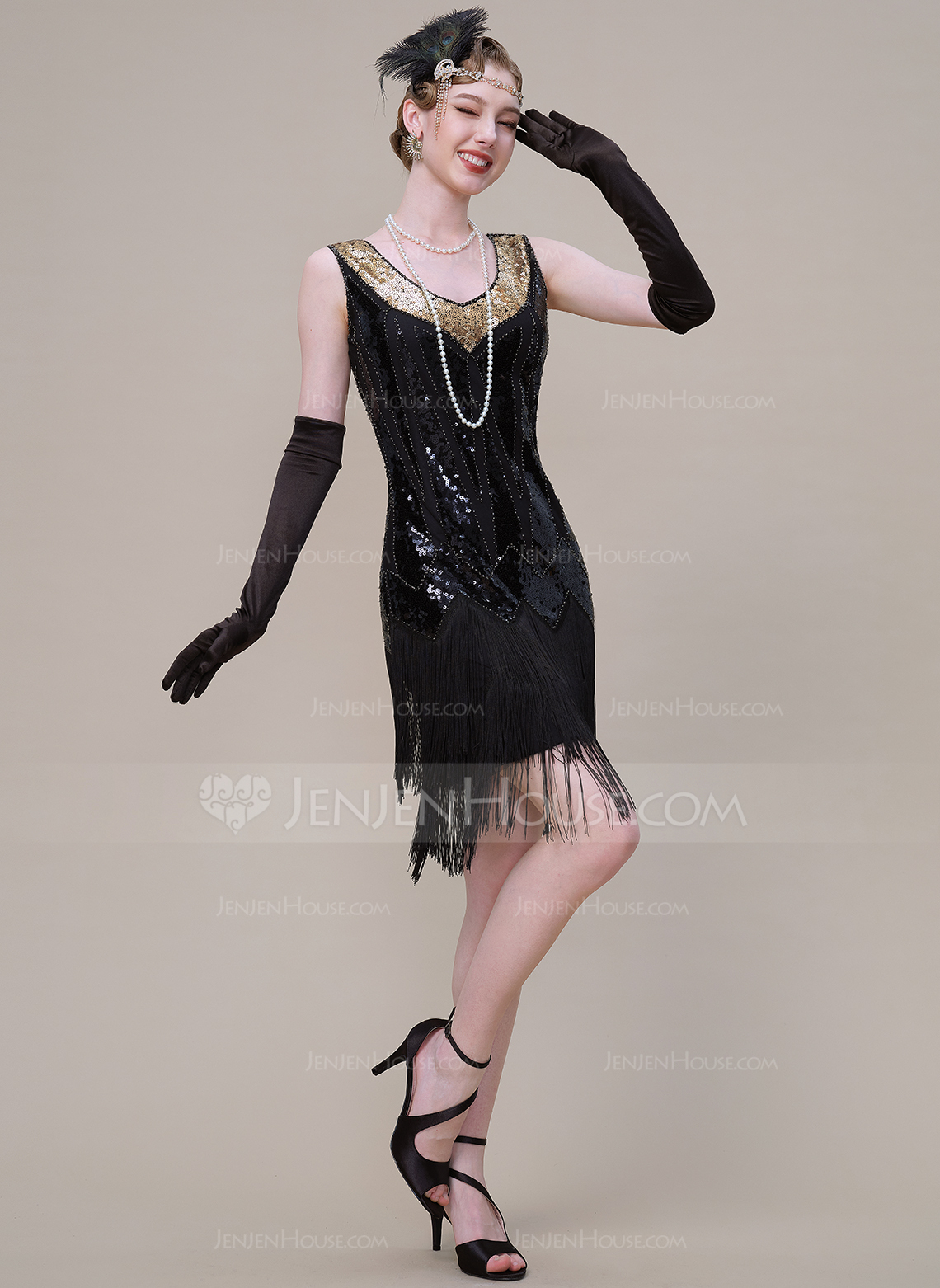 V-Neck Beaded Sequins 1920's Gatsby Flapper Cocktail Dress 