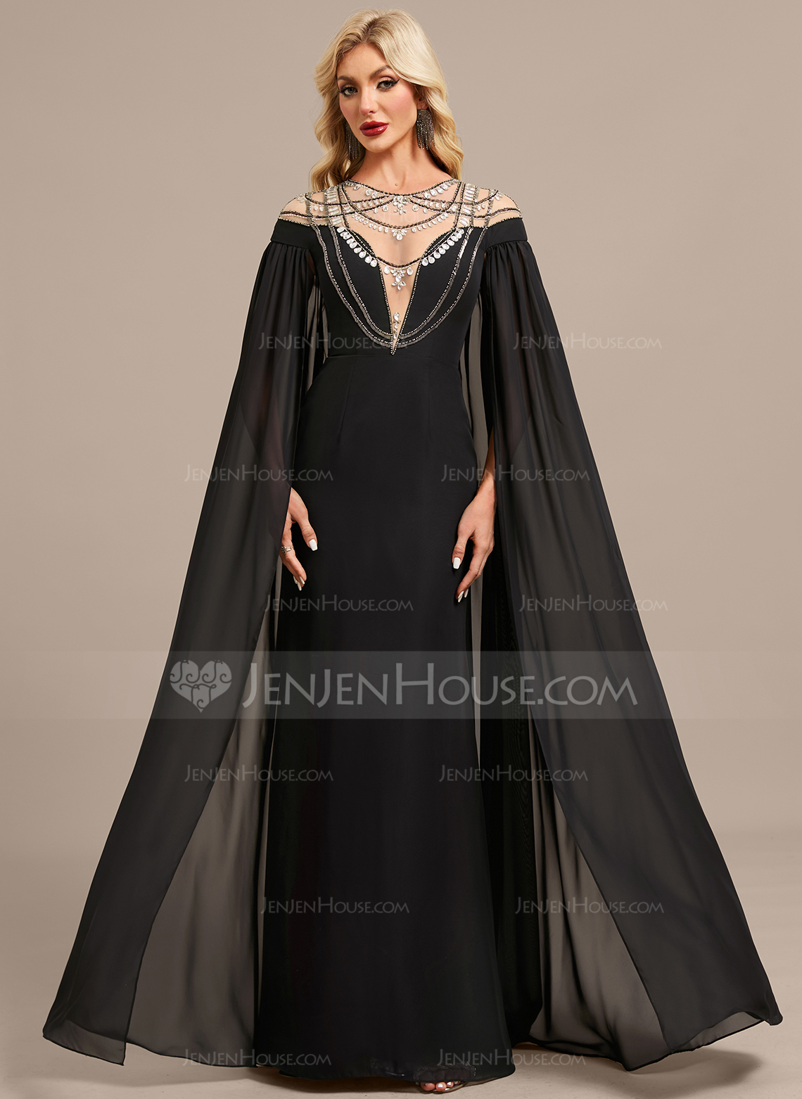 Sheath/Column Illusion Scoop Floor-Length Chiffon Evening Dress With Rhinestone Cape Beading 