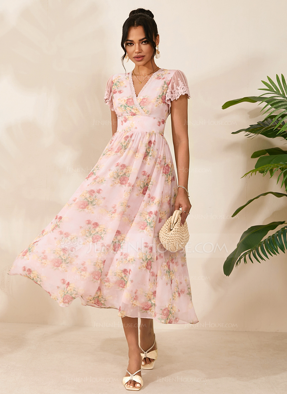 Floral Print V-Neck Short Sleeve A-line Chiffon Midi Dress 