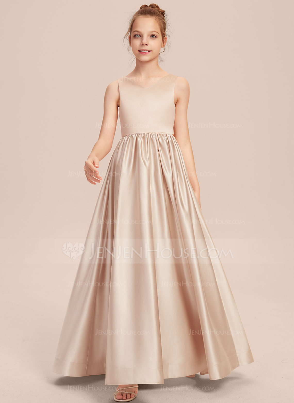 A-line kjole V-hals Gulvlengde Sateng Brudepikekjole ungdom med Sløyfe 