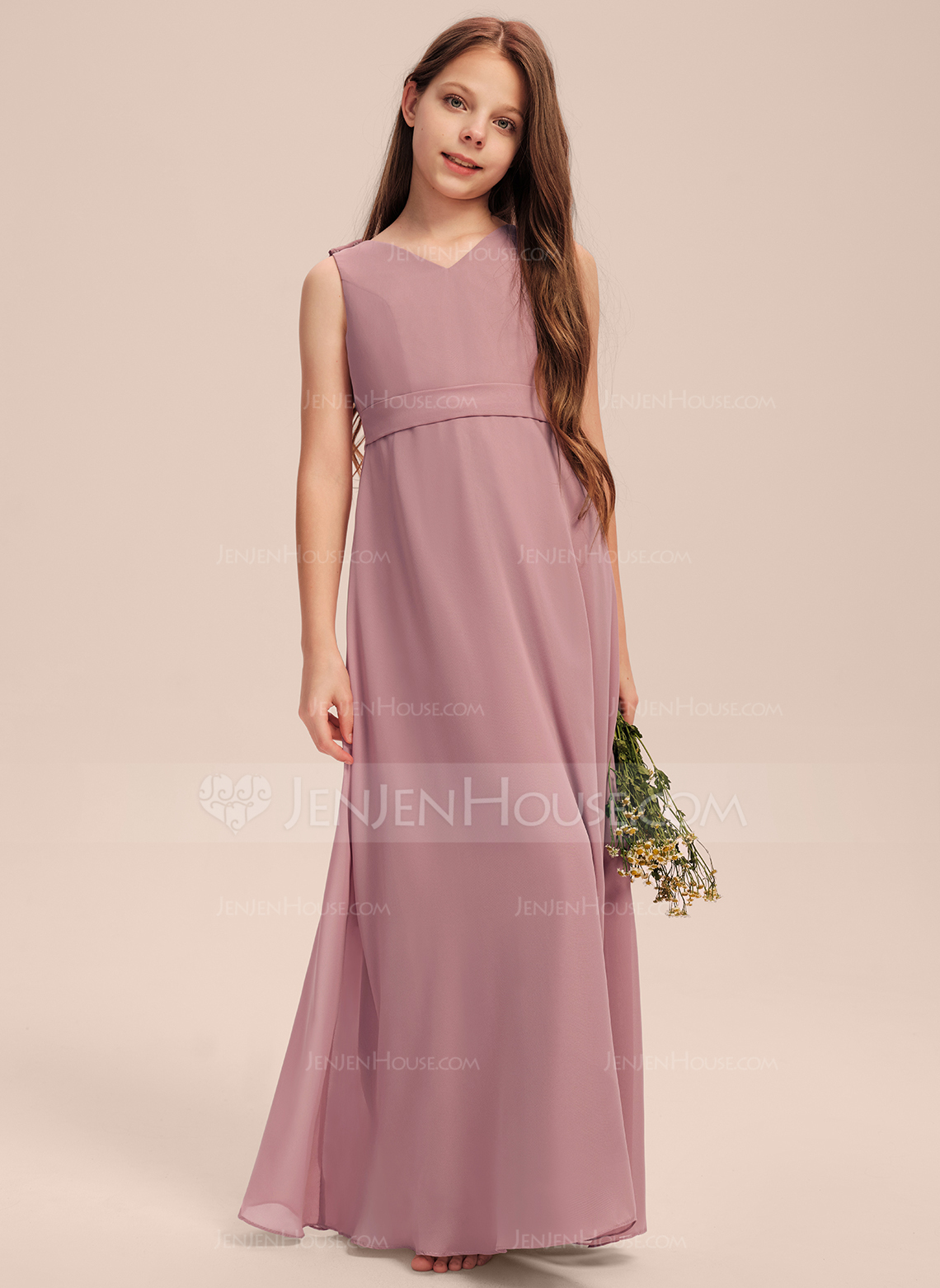 A-line kjole V-hals Gulvlengde Chiffong Brudepikekjole til tenåringer 