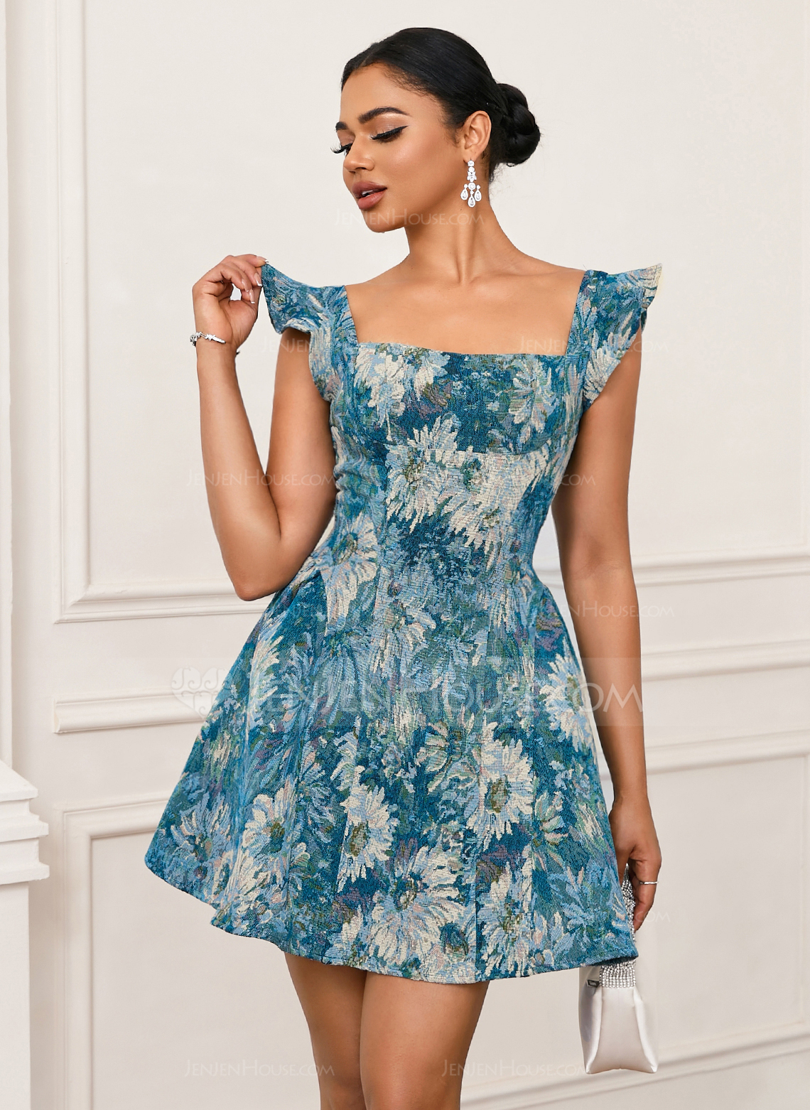 Square Flutter Sleeve A-line Jacquard Mini Dress 