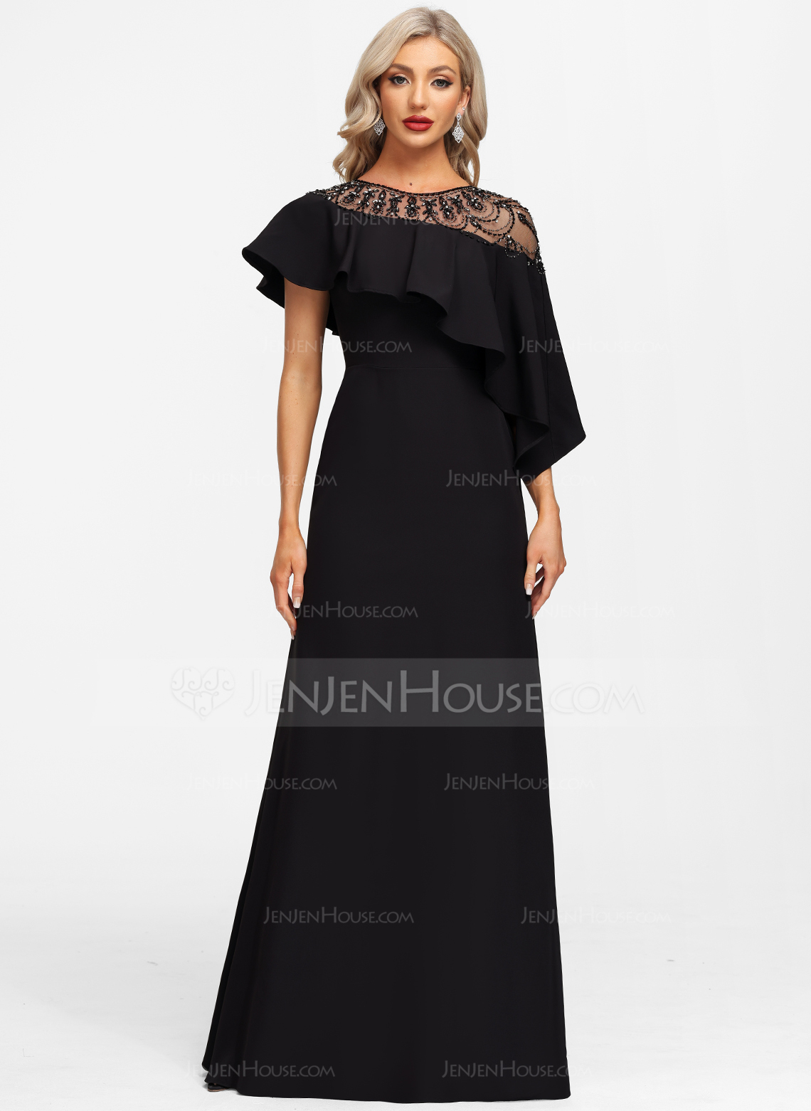 A-line kjole Scoop Illusjon Gulvlengde Strekk-crêpe Festkjole med Profilering 