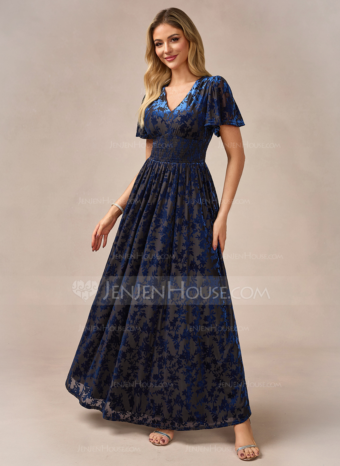 A-line V-Neck Floor-Length Velvet Evening Dress 