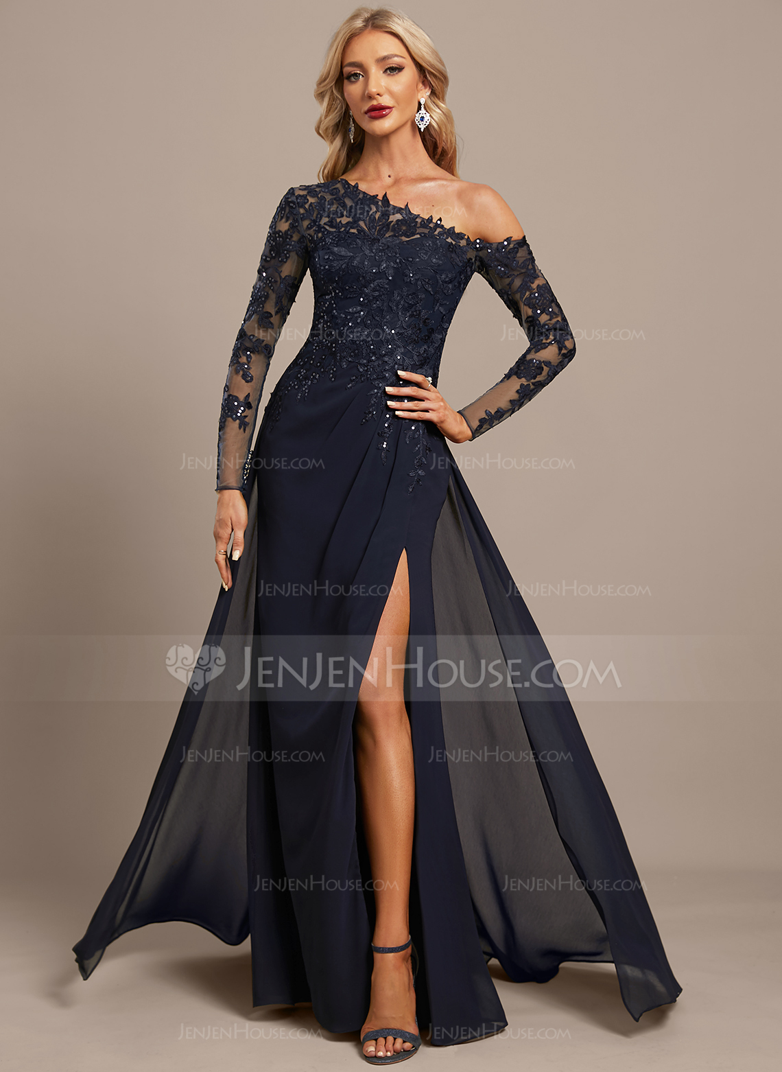 One Shoulder Overskirt Chiffon Maxi Dress