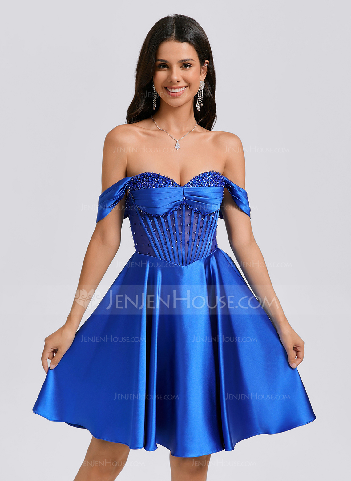 A-line Off the Shoulder Short Satin Homecoming Dress With Rhinestone Pleated Beading 