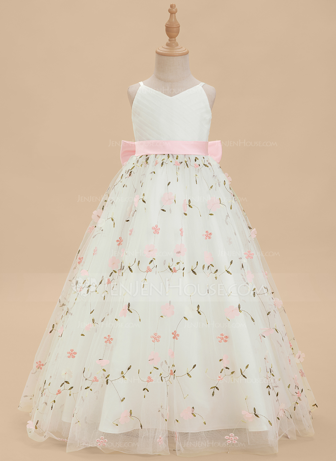 A-line V-Neck Floor-Length Satin Tulle Lace Flower Girl Dress With Bow 
