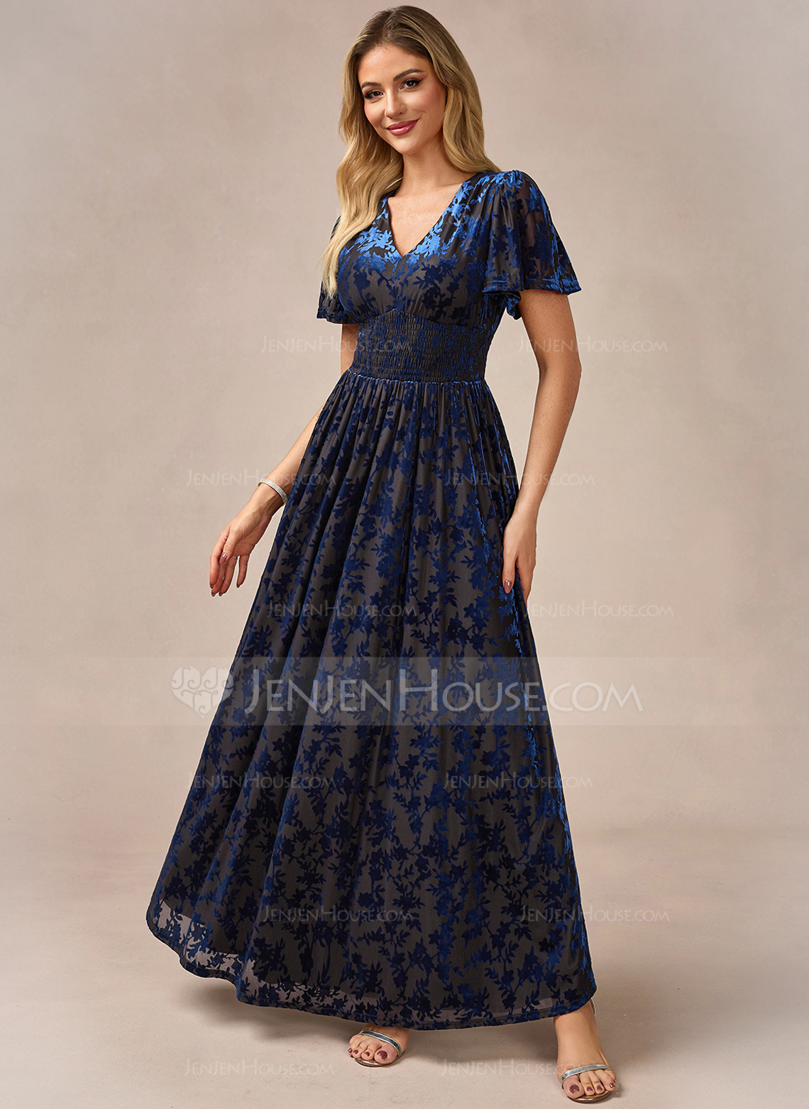A-line V-Neck Floor-Length Velvet Evening Dress 
