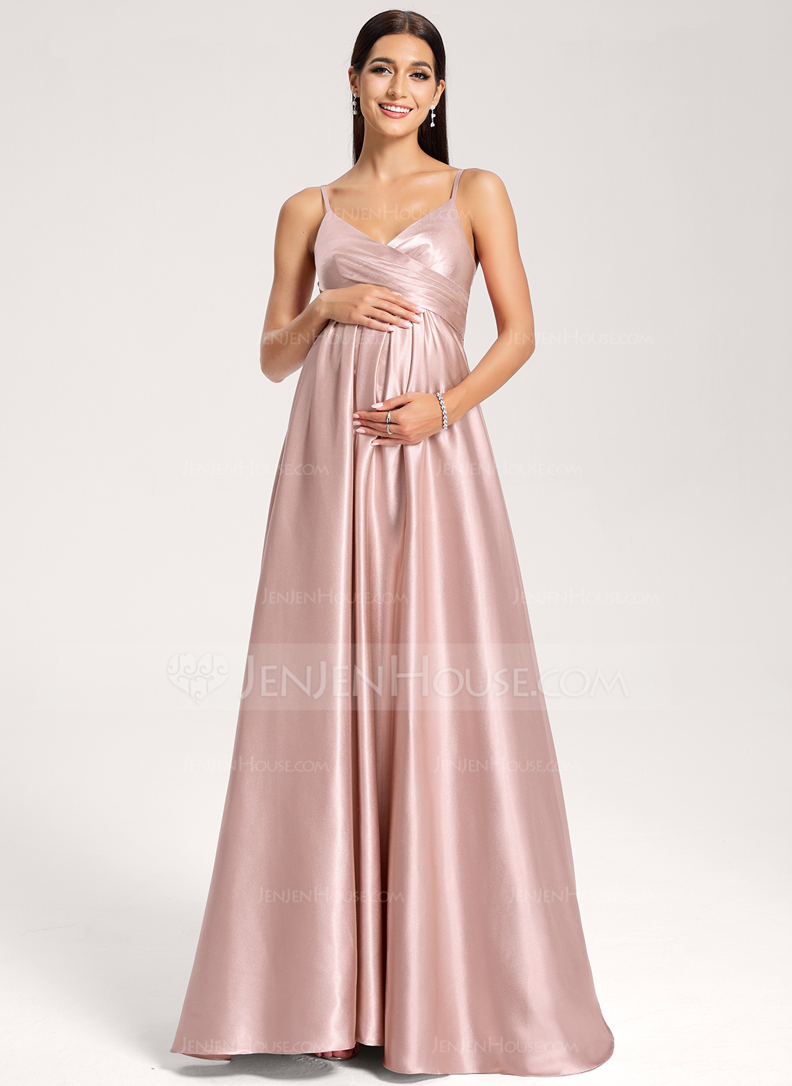 A-line V-Neck Floor-Length Stretch Satin Maternity Dresses With Pleated 