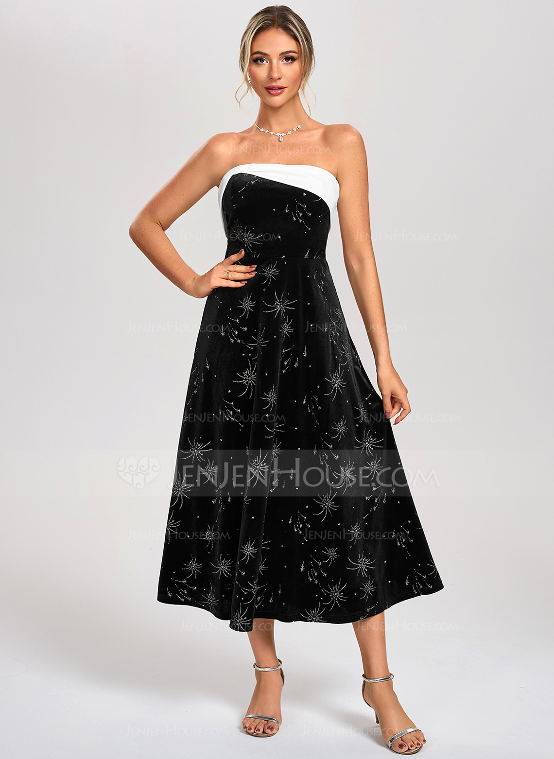 Black and White Straight Strapless A-line Velvet Midi Dress 