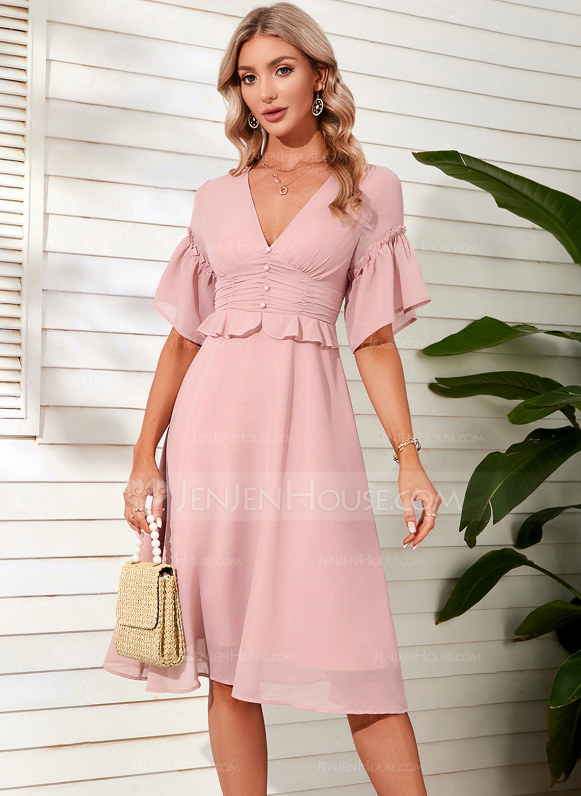 V-hals A-line kjole Chiffong Midi Motekjoler 