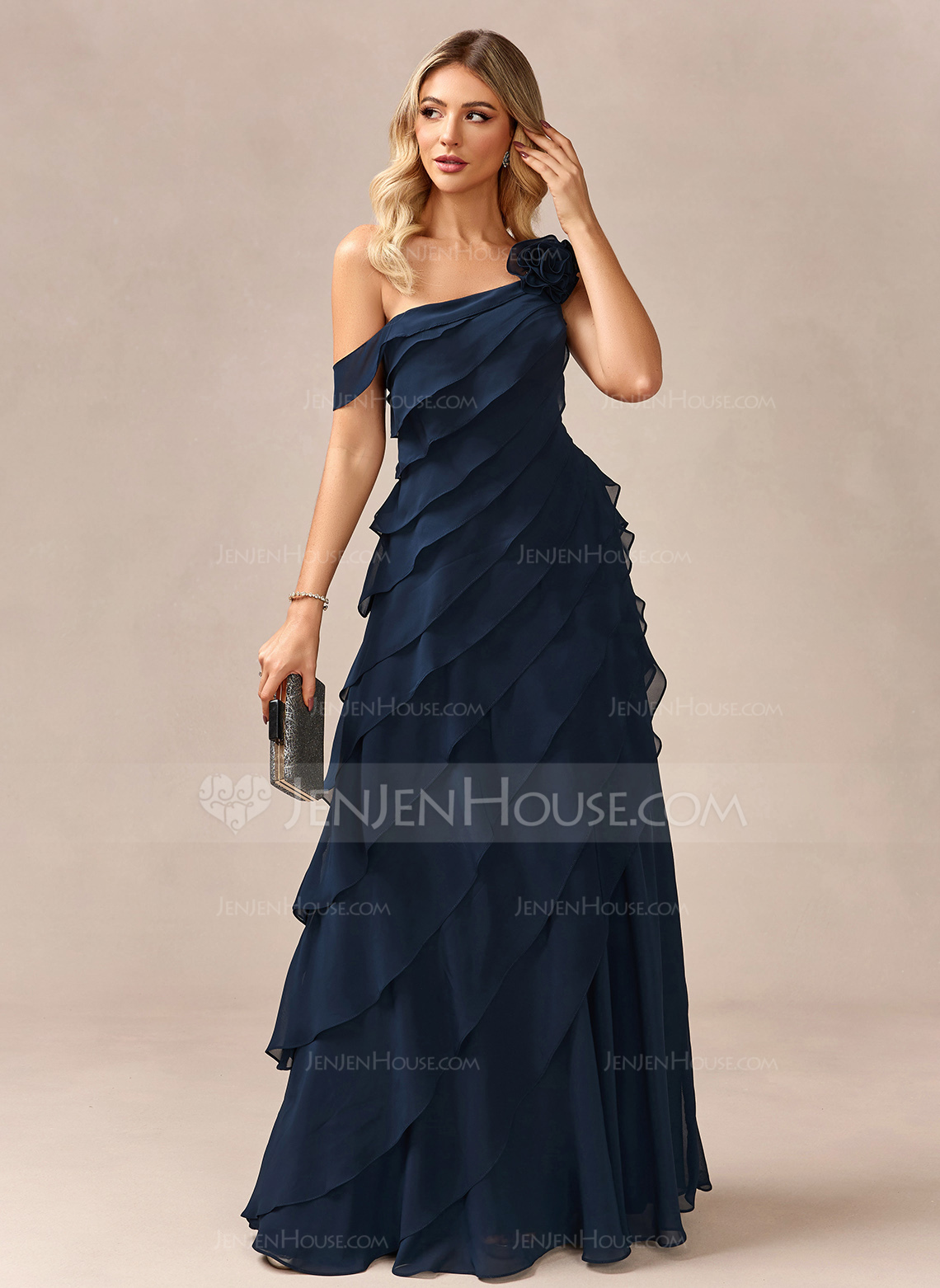 A-line One Shoulder Floor-Length Chiffon Evening Dress With Cascading Ruffles Flower 
