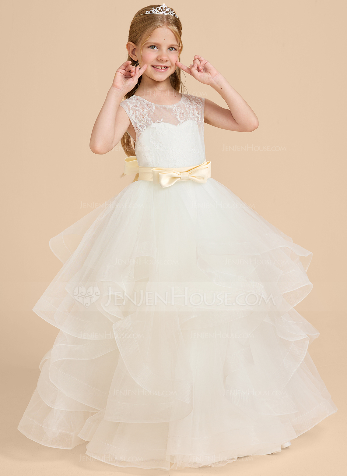 Prinzessin Rundhals Bodenlang Satin Tüll Spitze Blumenmädchenkleid mit Schleife 