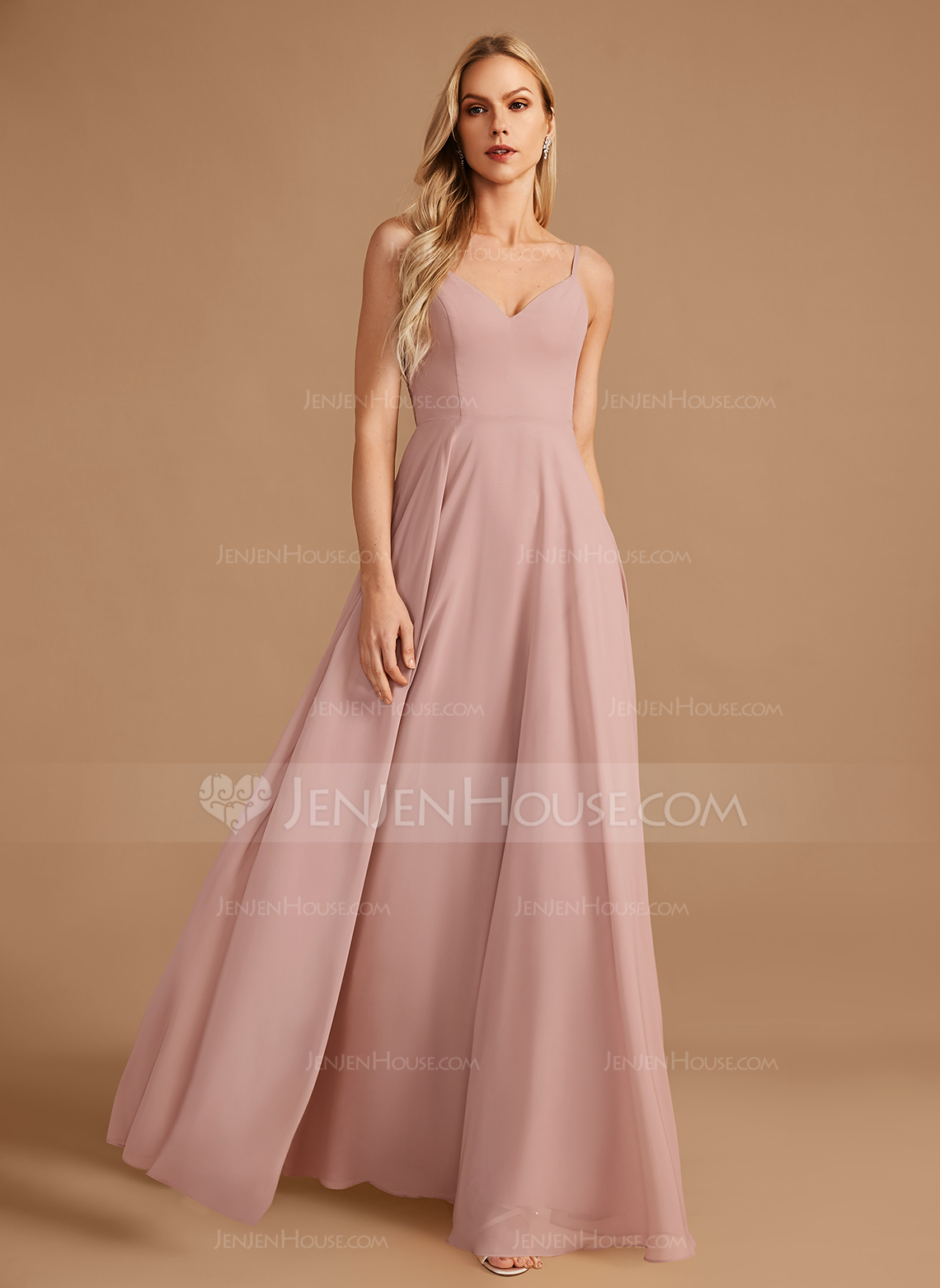 A-line kjole V-hals Gulvlengde Chiffong Blonder Brudepikekjole 