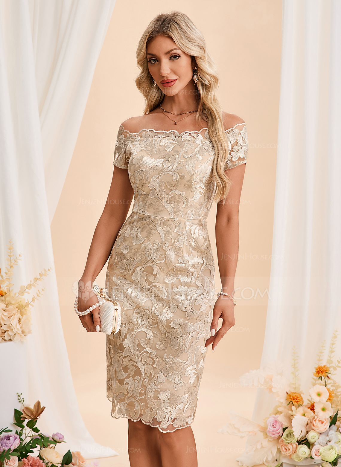Embroidered Off the Shoulder Short Sleeve Sheath/Column Tulle Midi Dress 