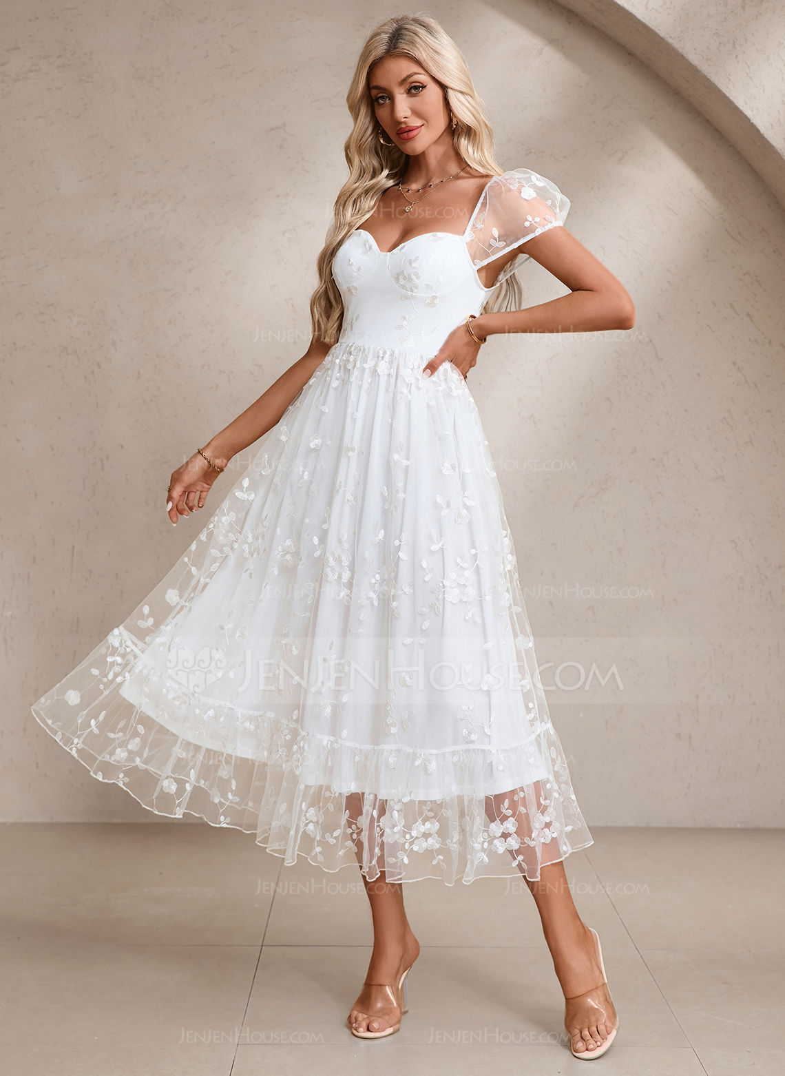 Embroidered Sweetheart Short Sleeve A-line Tulle Midi Dress 