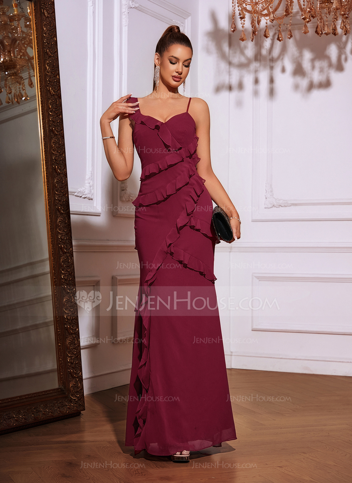 Sheath/Column Sweetheart Floor-Length Asymmetrical Chiffon Prom Dresses With Ruffle 