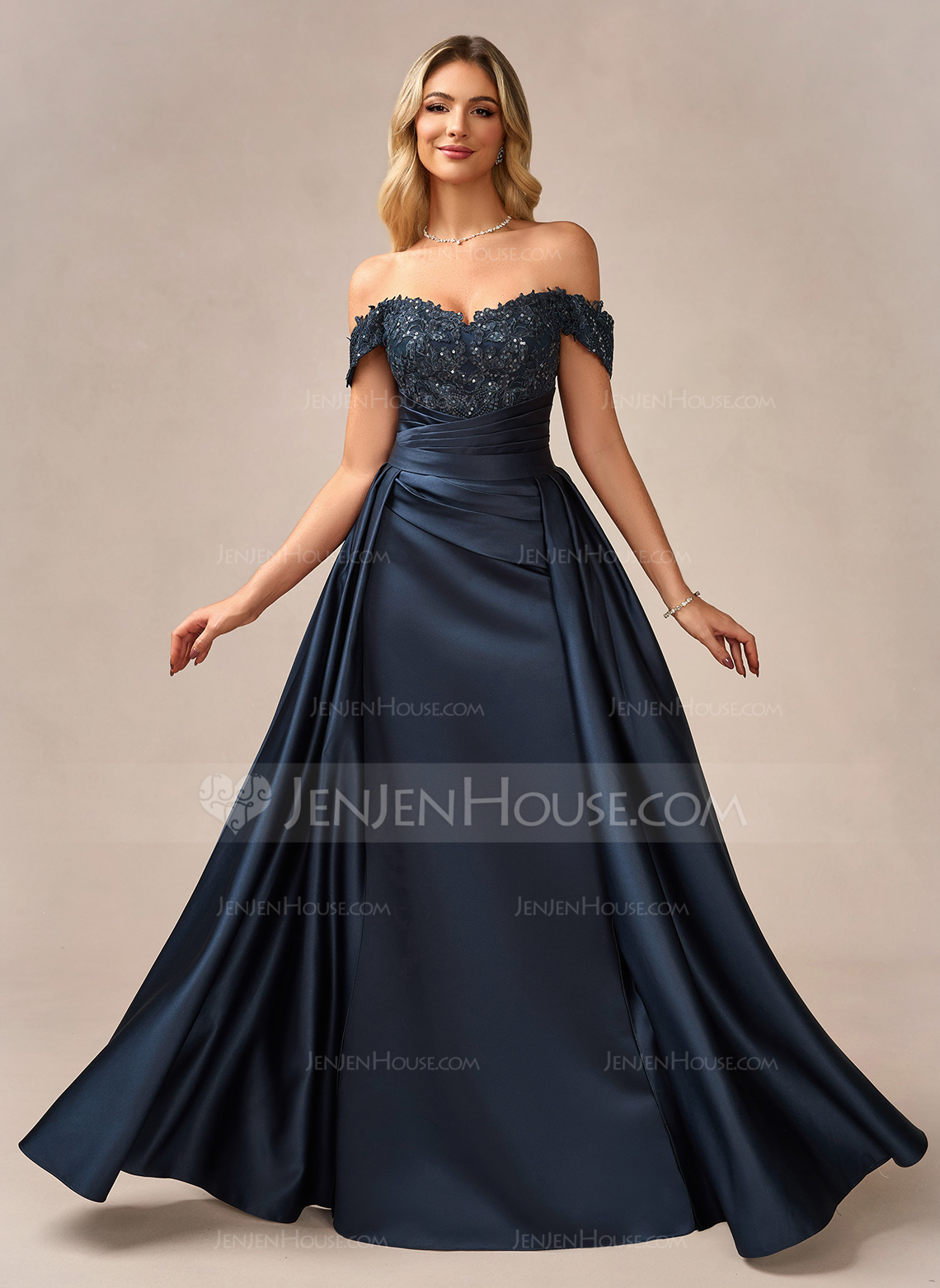 Sheath/Column Off the Shoulder Detachable Floor-Length Satin Lace Evening Dress With Overskirt Sequins Pleated 