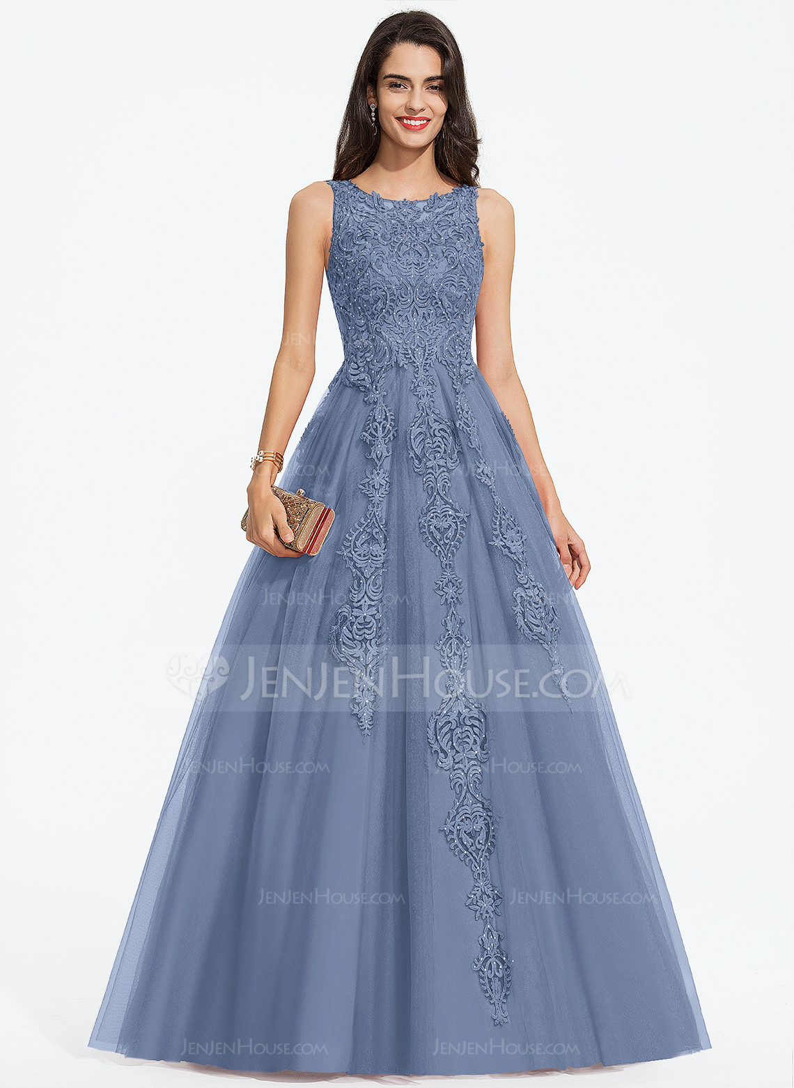 Tanssiaismekot/prinsessa pyöreä kaula-aukko ylipitkä/laahus pitsi tylli tanssiaismekko jossa helmikoristelu 