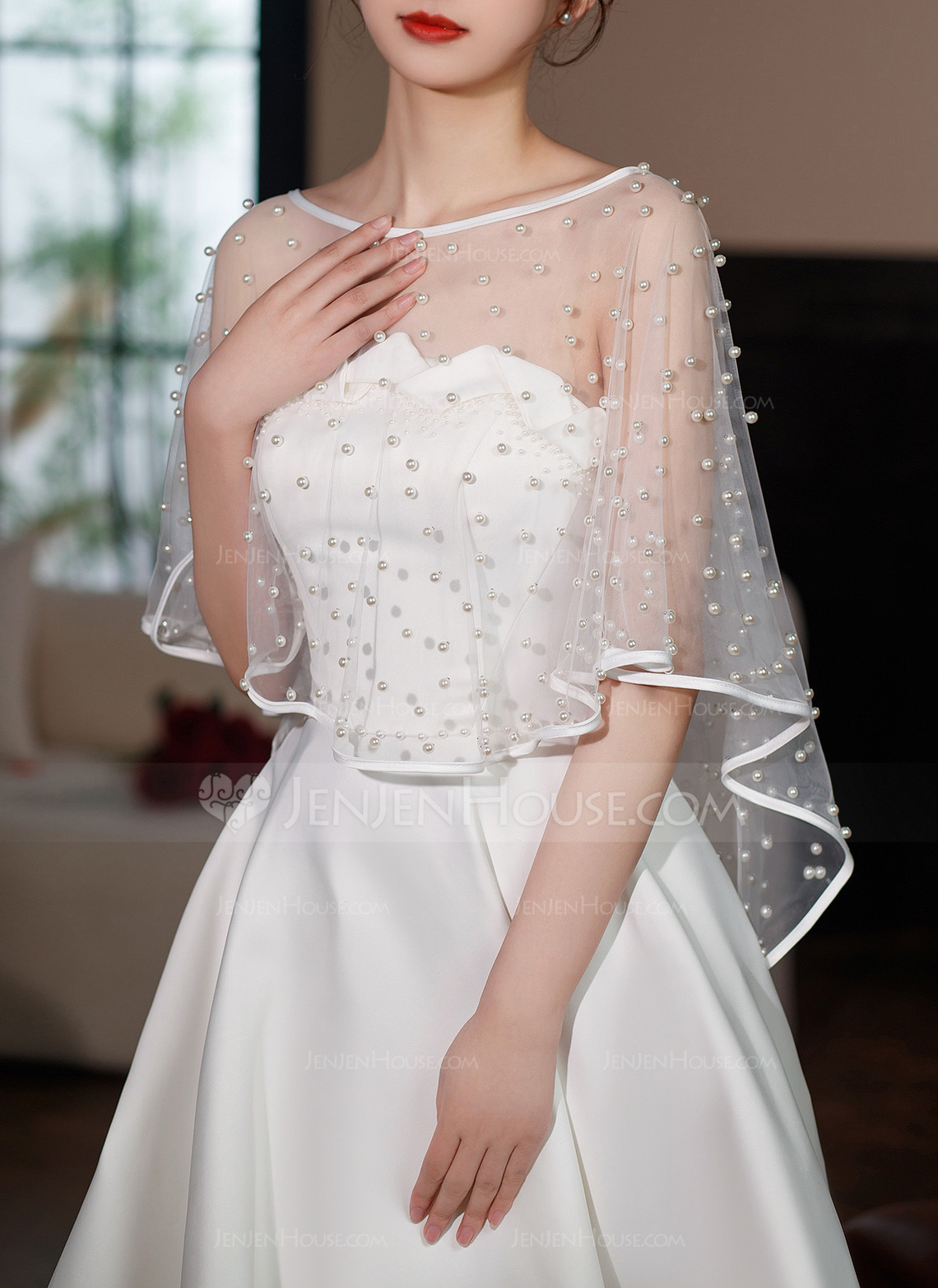 Voile Wedding Bridal Wrap Cape With Beading 