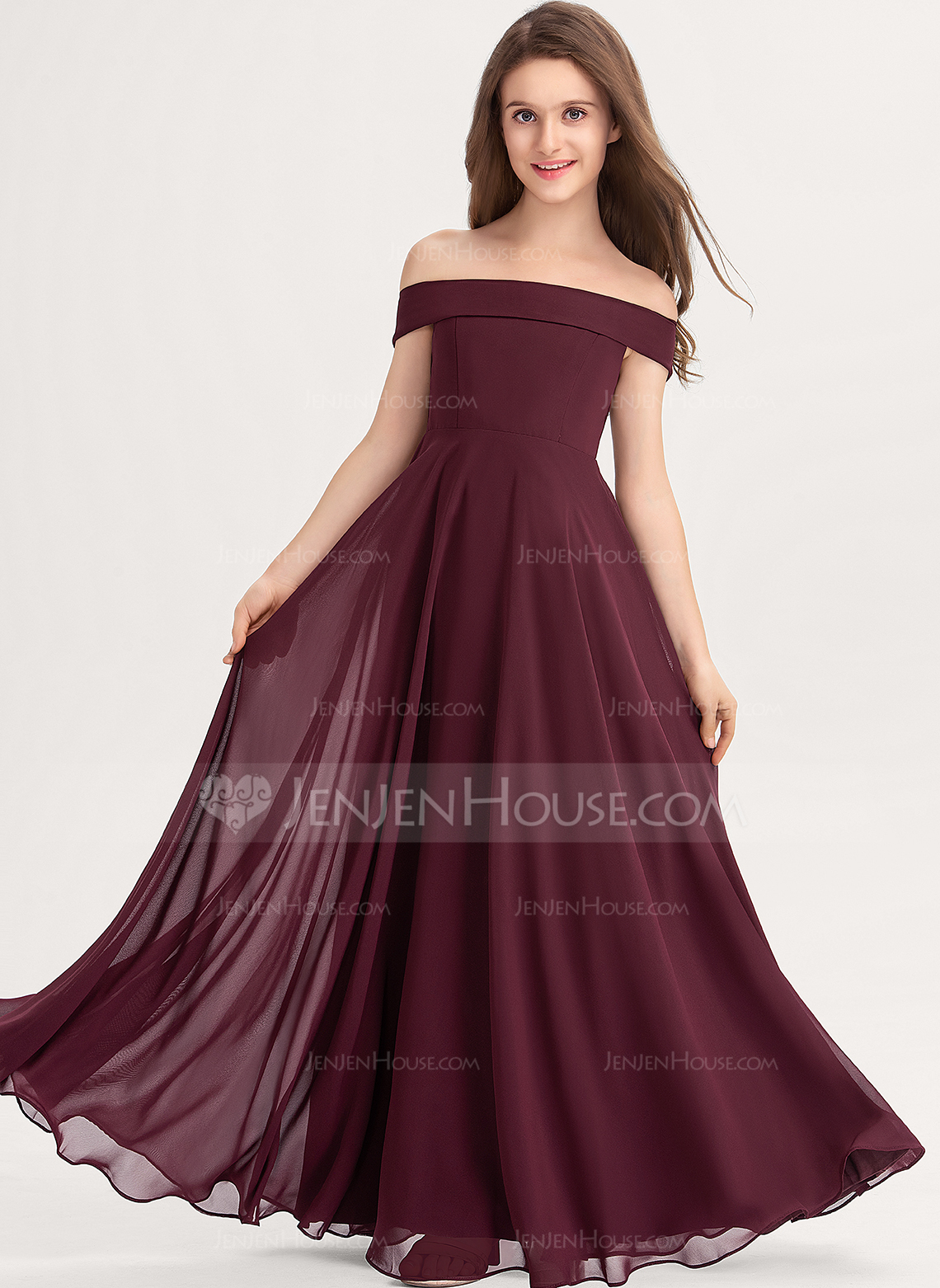 A-Linien-Kleid Carmen Bodenlang Chiffon Kleider für junge Brautjungfern 