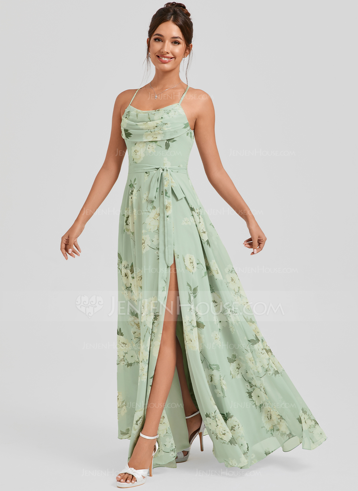 A-line Cowl Floor-Length Chiffon Bridesmaid Dress With Ruffle 