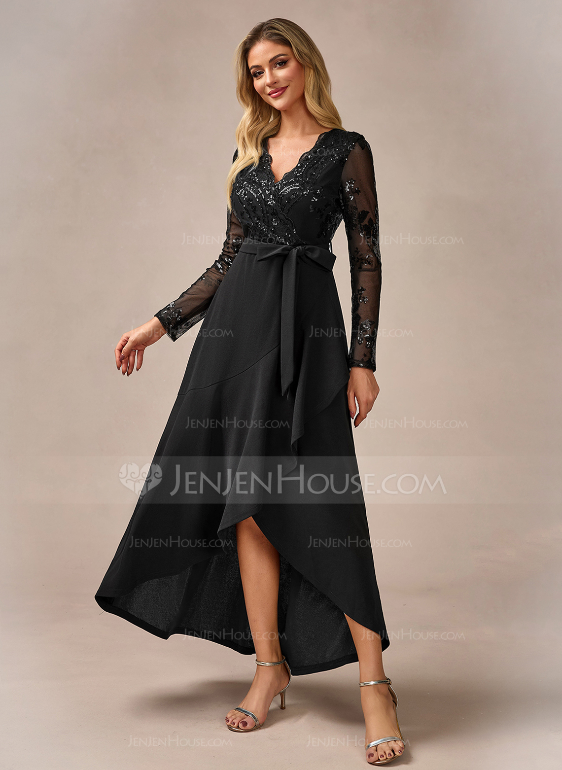 Sequins V-Neck Long Sleeve A-line Stretch Crepe Sequin Asymmetrical Maxi Dress 